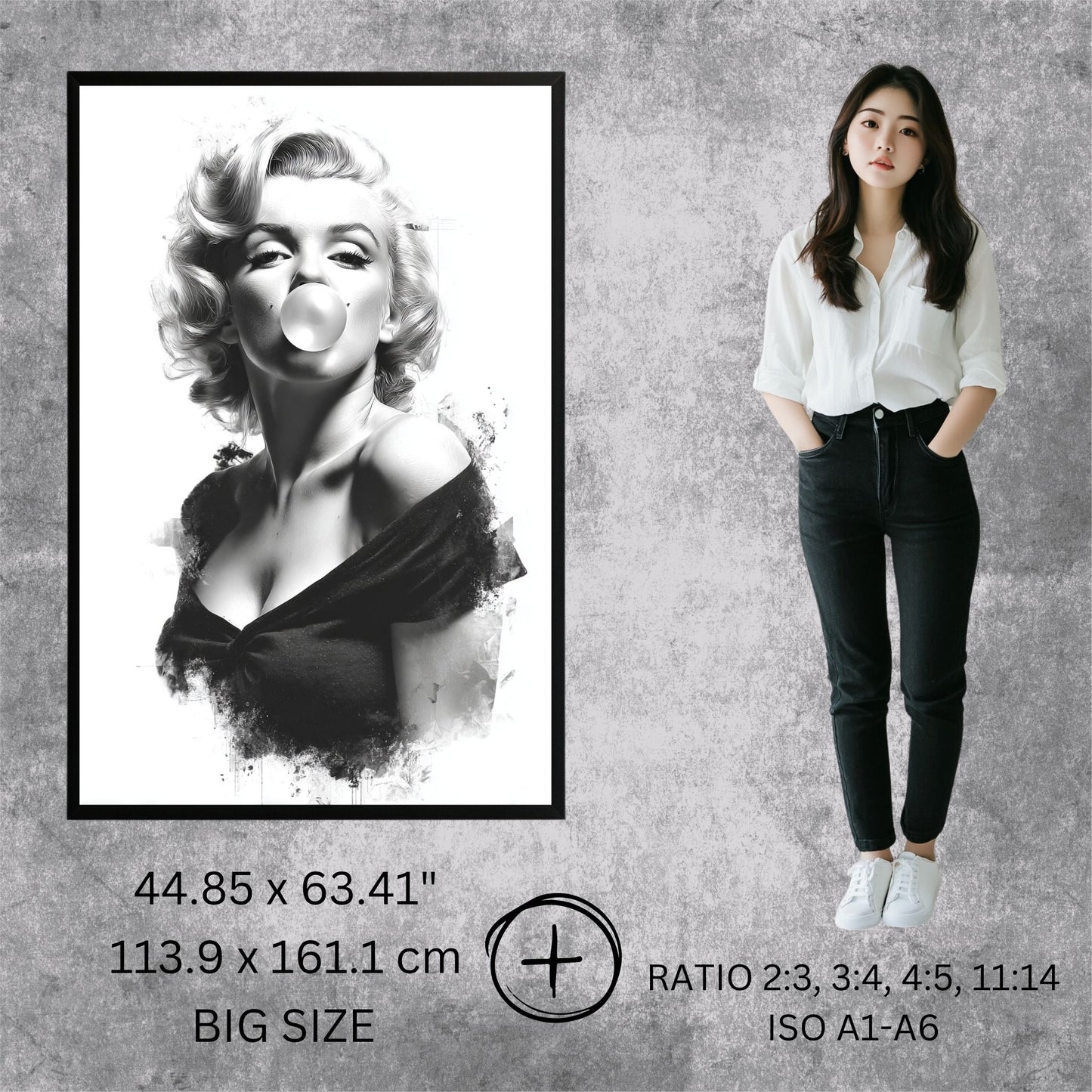 Woman standing next to a framed black and white portrait of a famous actress on a textured gray wall.