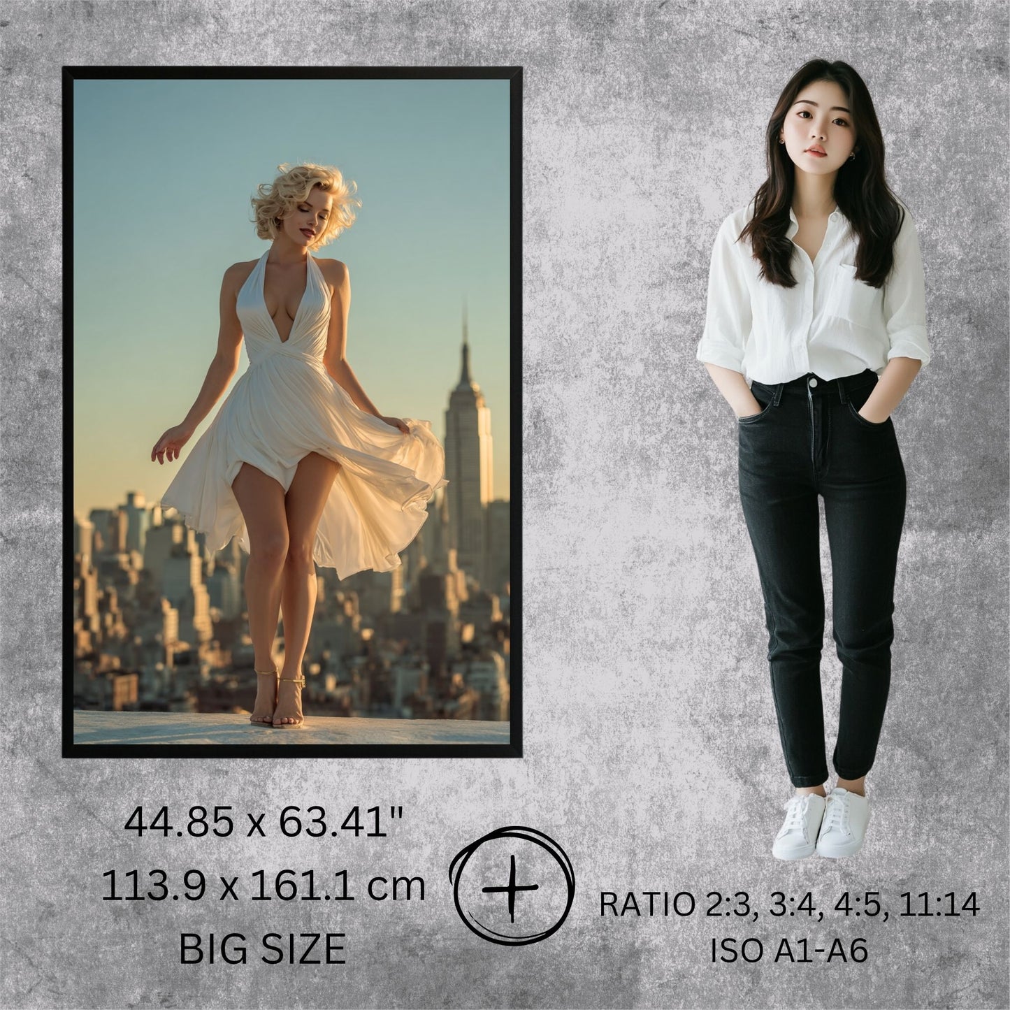 Woman standing next to a framed photo of Marilyn Monroe in a white dress with a cityscape background.