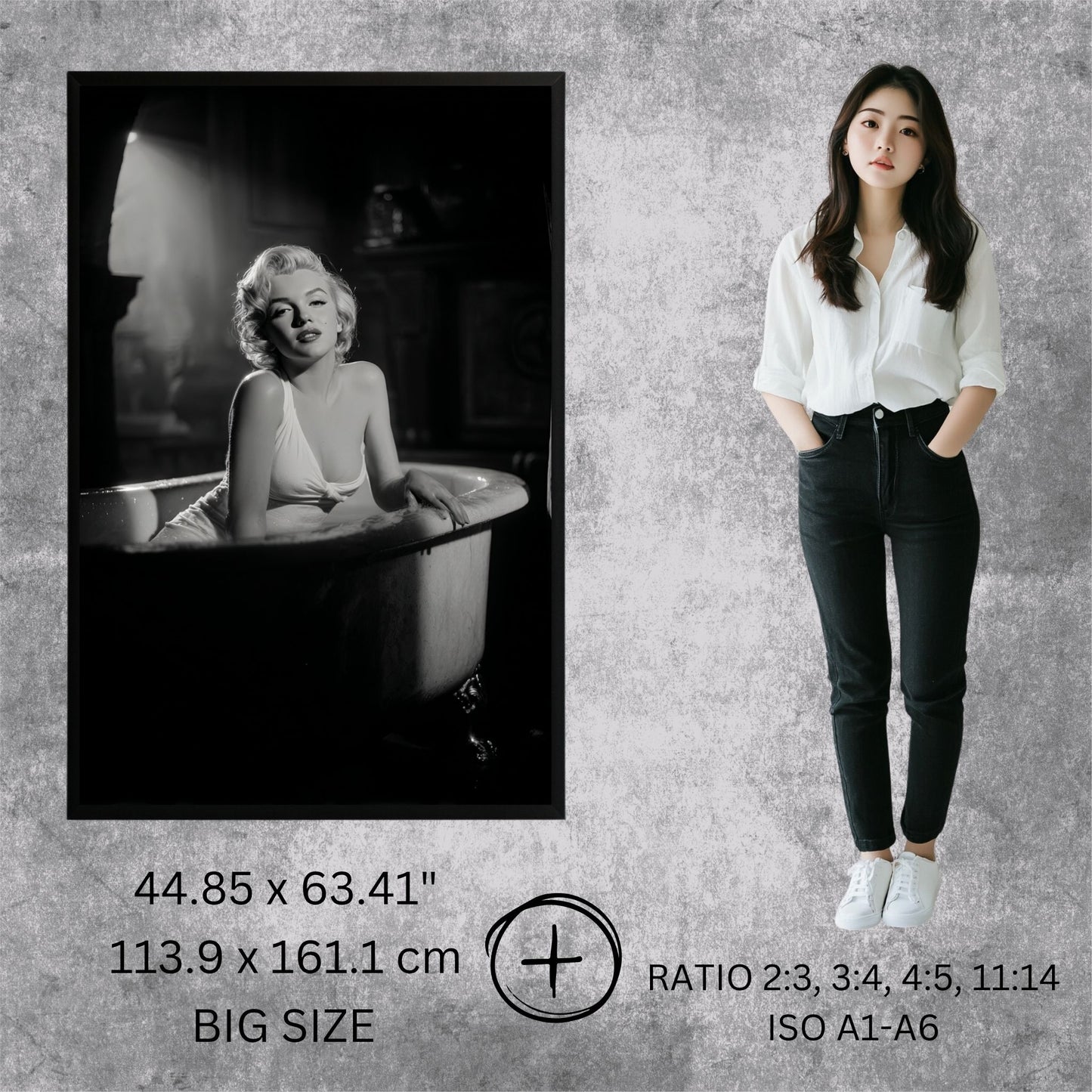 Woman standing next to a framed black and white photo of a famous actress on a textured gray wall.