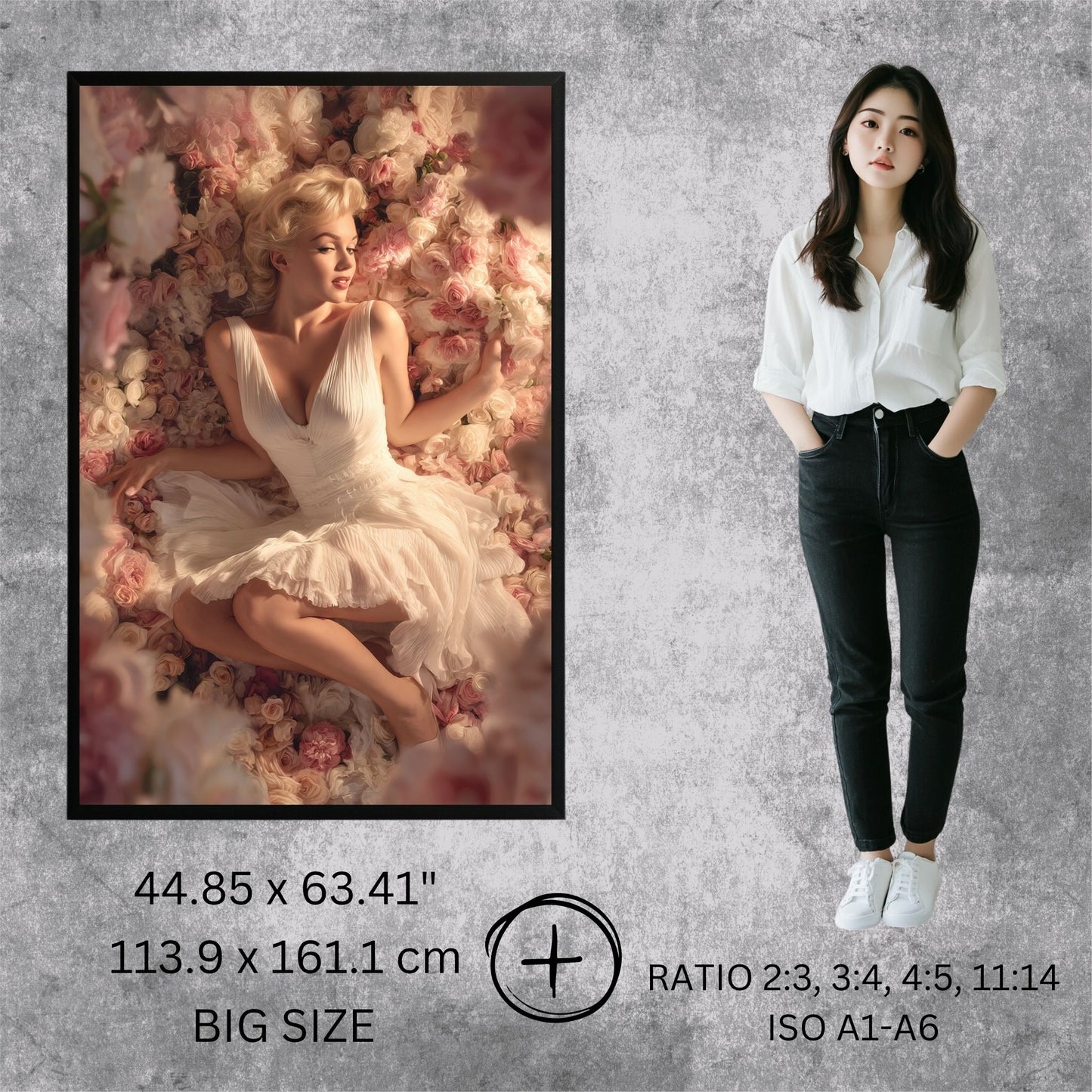 Woman standing next to a framed artwork of Marilyn Monroe in a floral setting on a textured gray wall.