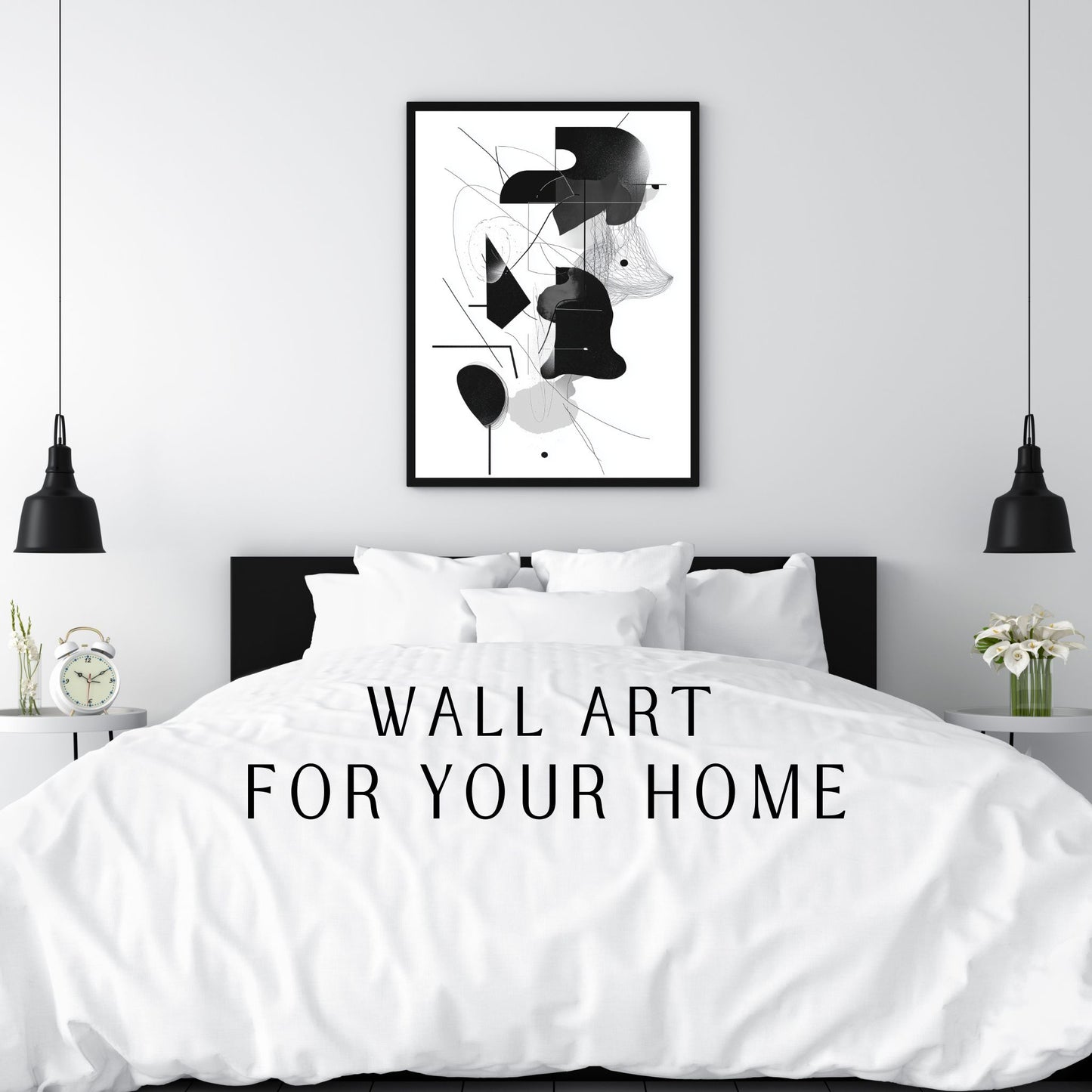 Black and white abstract art with geometric shapes and lines