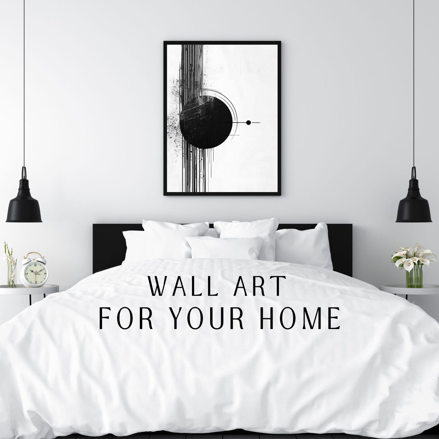 Black and white abstract wall art with circular and linear designs