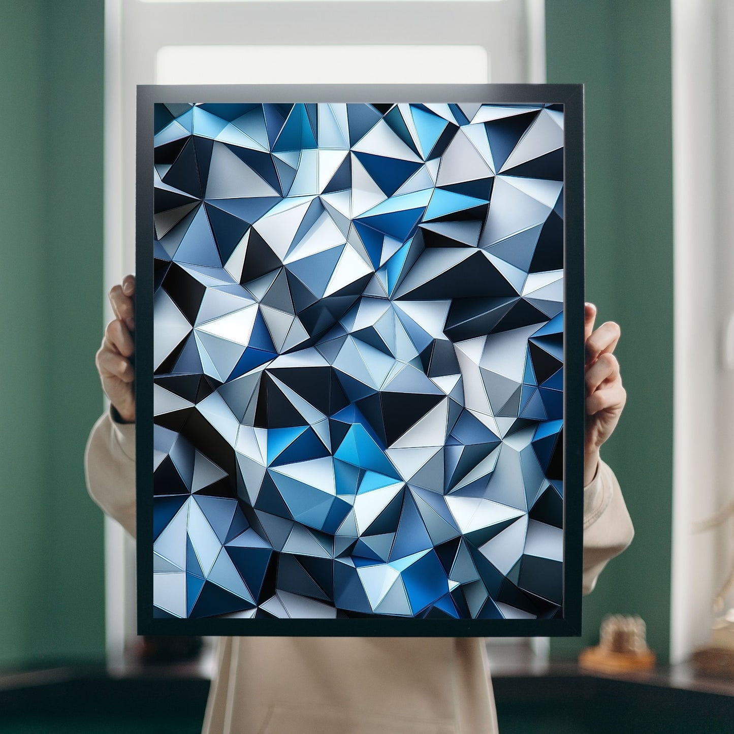 Blue and silver geometric line art for wall decor