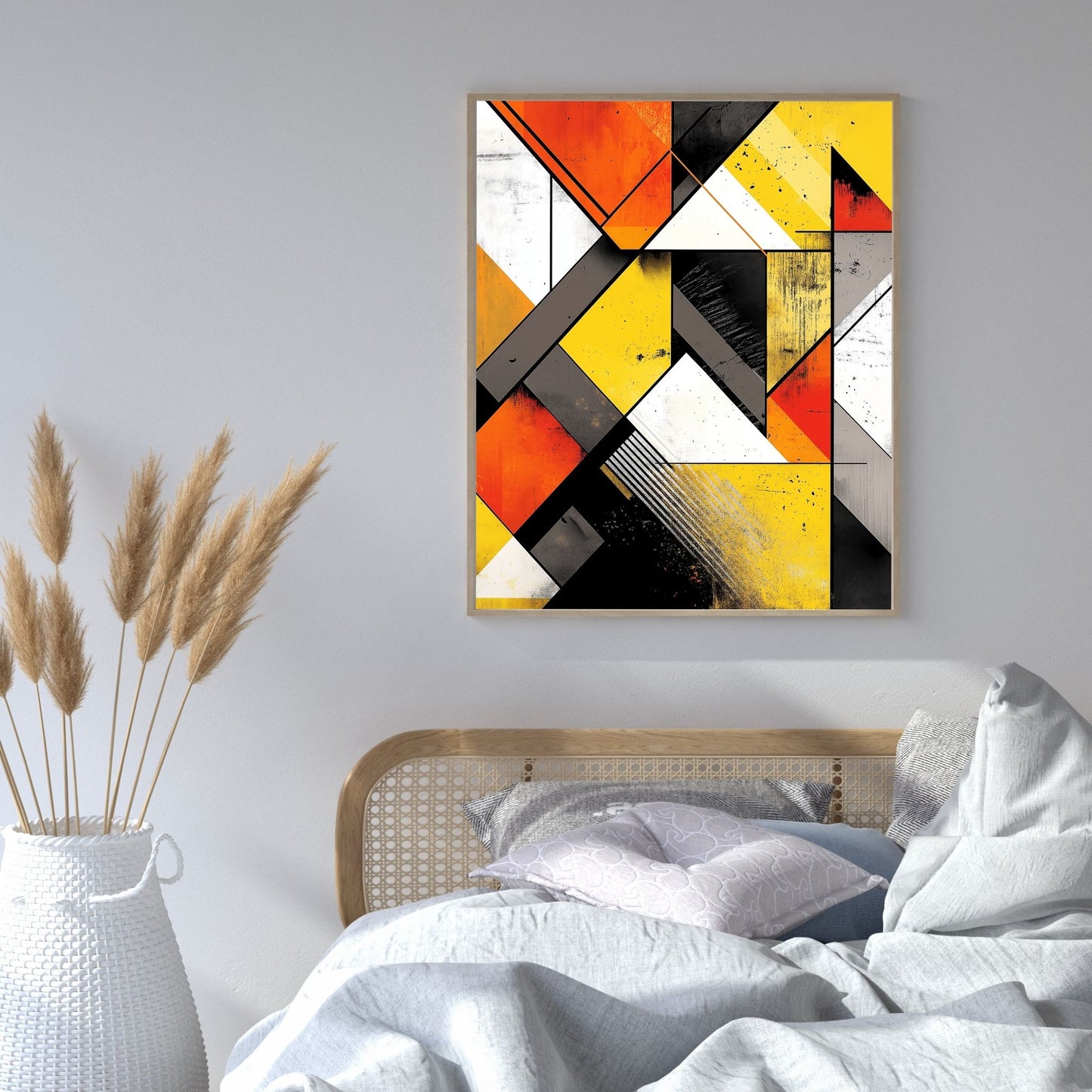 Abstract geometric line art with yellow, orange, and black tones