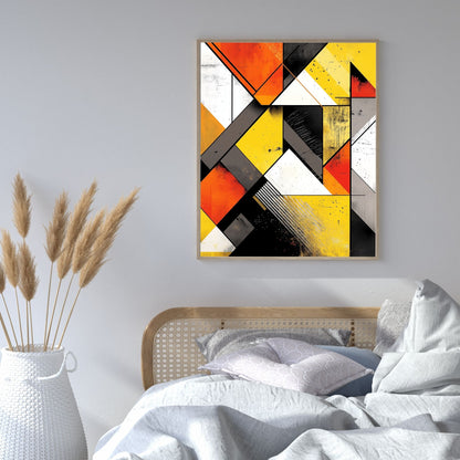 Abstract geometric line art with yellow, orange, and black tones