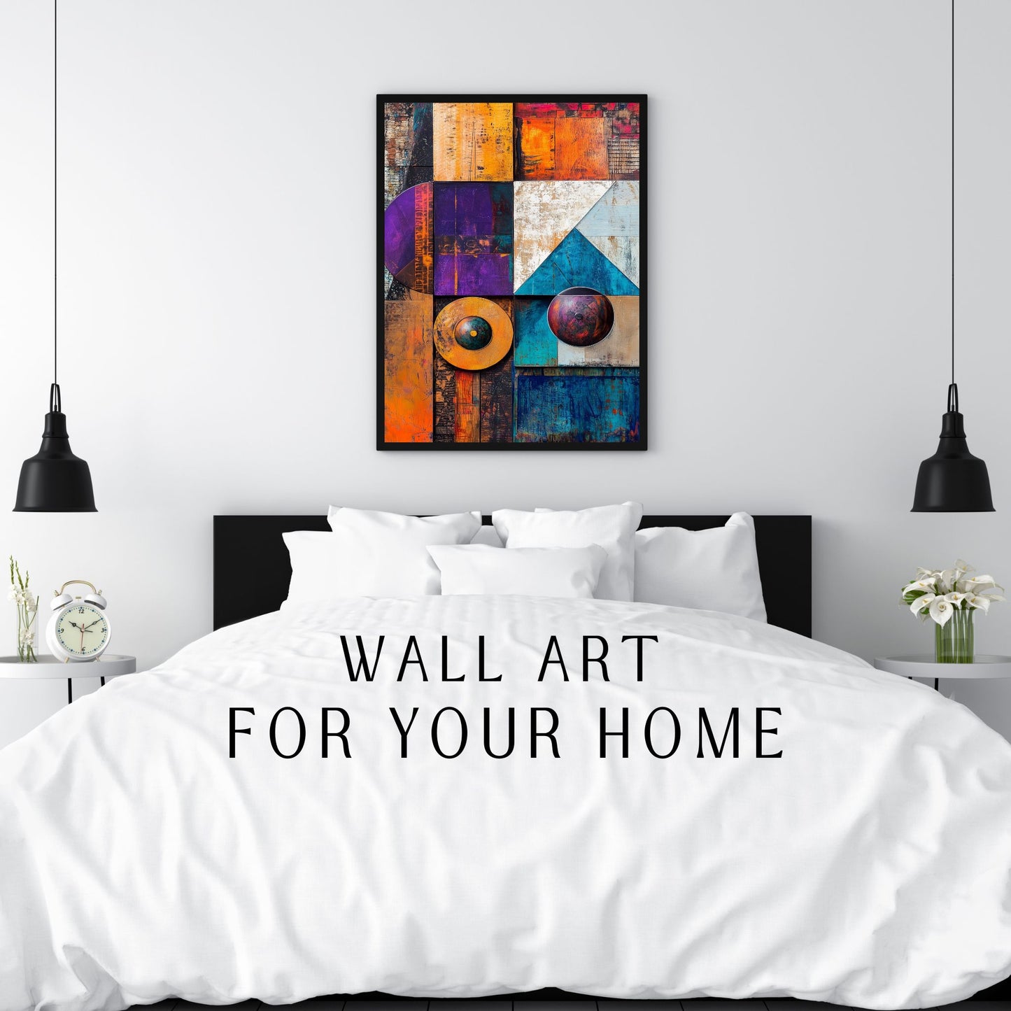 Modern geometric abstract painting with circular and rectangular patterns