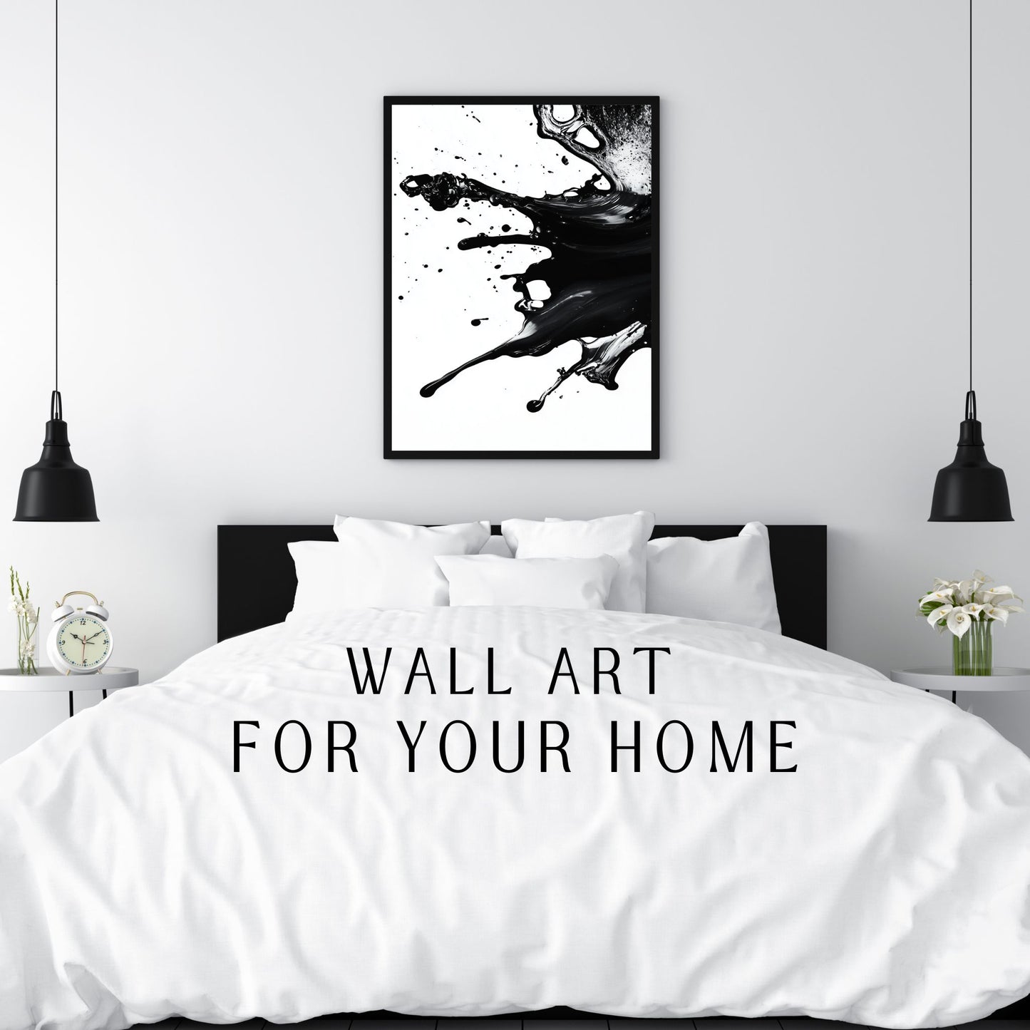 Dynamic black ink splash on a crisp white background for wall art