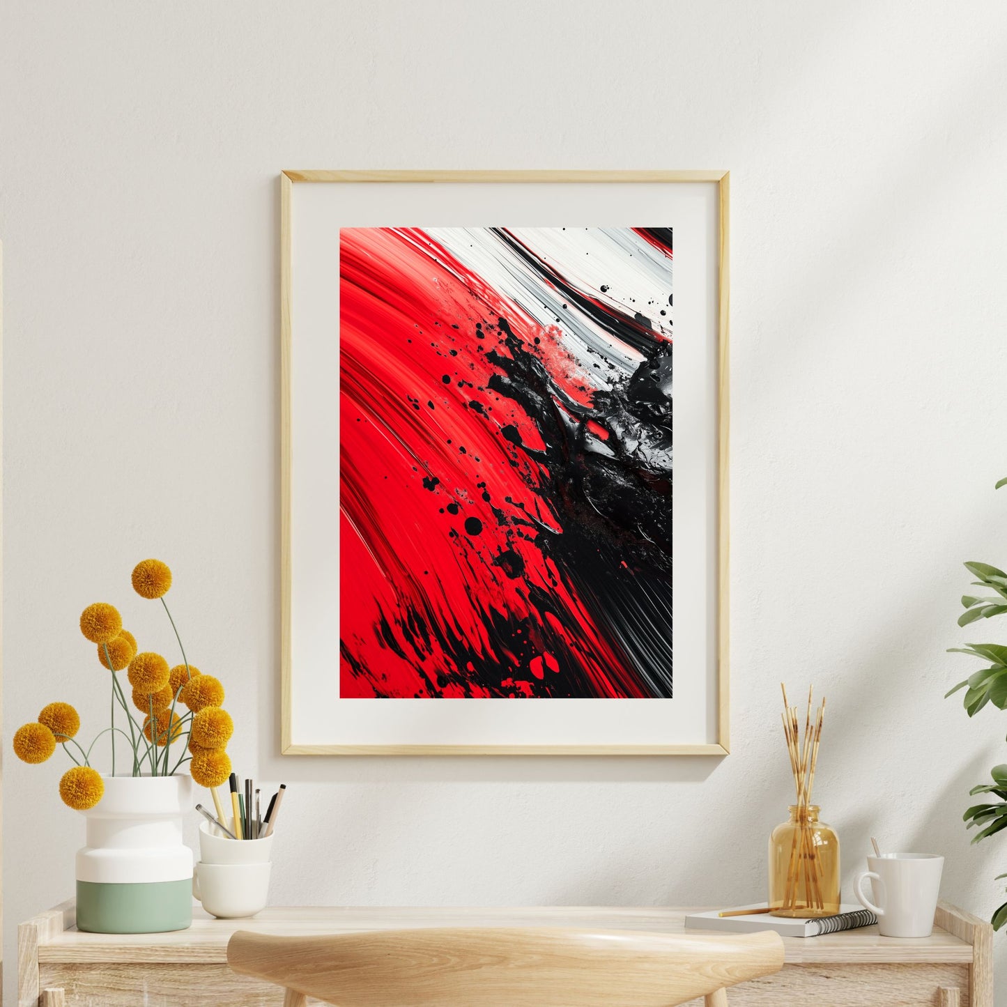 Abstract canvas wall art with bold red and black strokes