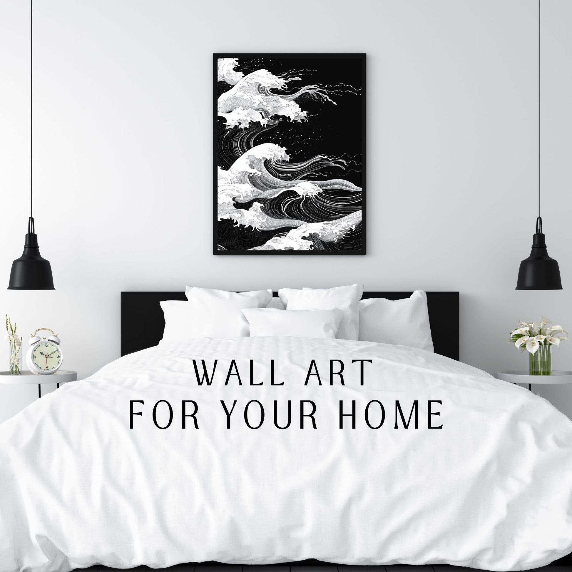 Dynamic wave patterns in black and white abstract wall art