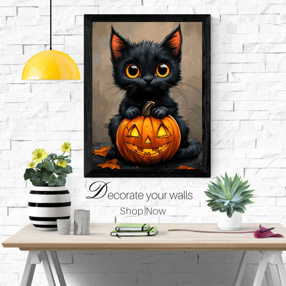 home_decor - Adorable Black Cat and Pumpkin Duo - DigiCraft-Studio - wall_art