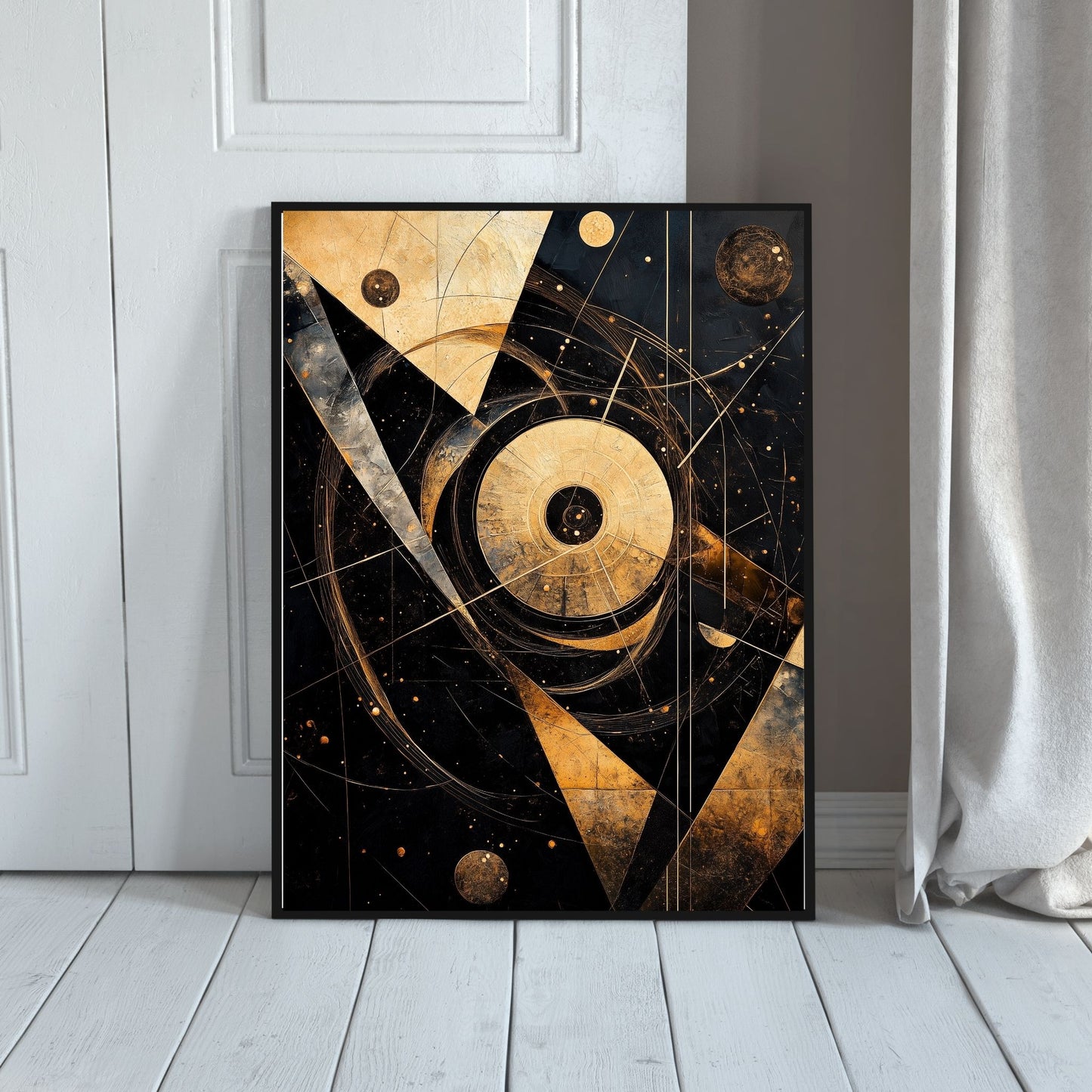 Geometric artwork featuring golden planets and lines