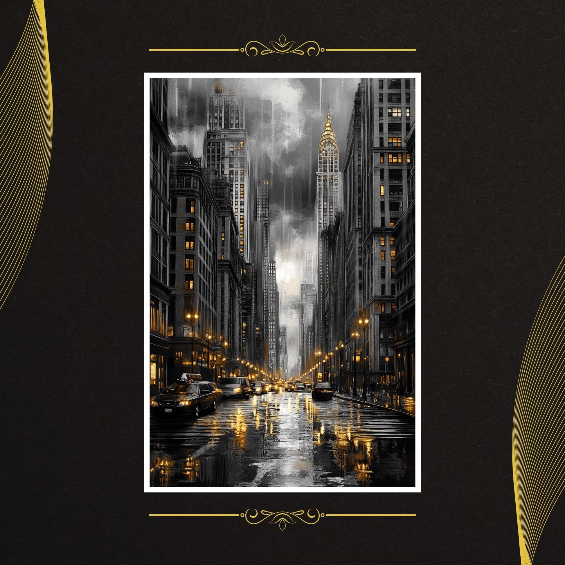 Black white gold art of a city street scene at night with gold shimmering lights