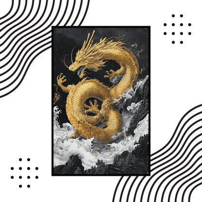 Black-and-white art featuring a golden dragon soaring above mountains