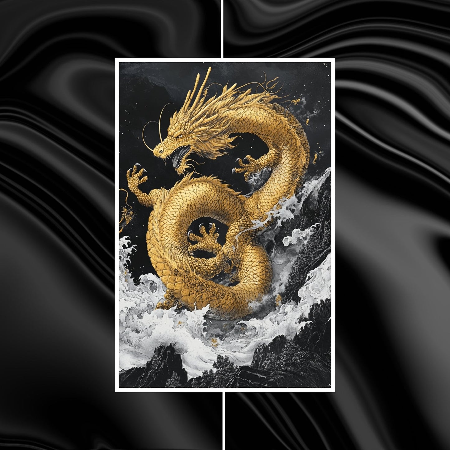 Stunning black and white dragon artwork with golden accents in the scales.