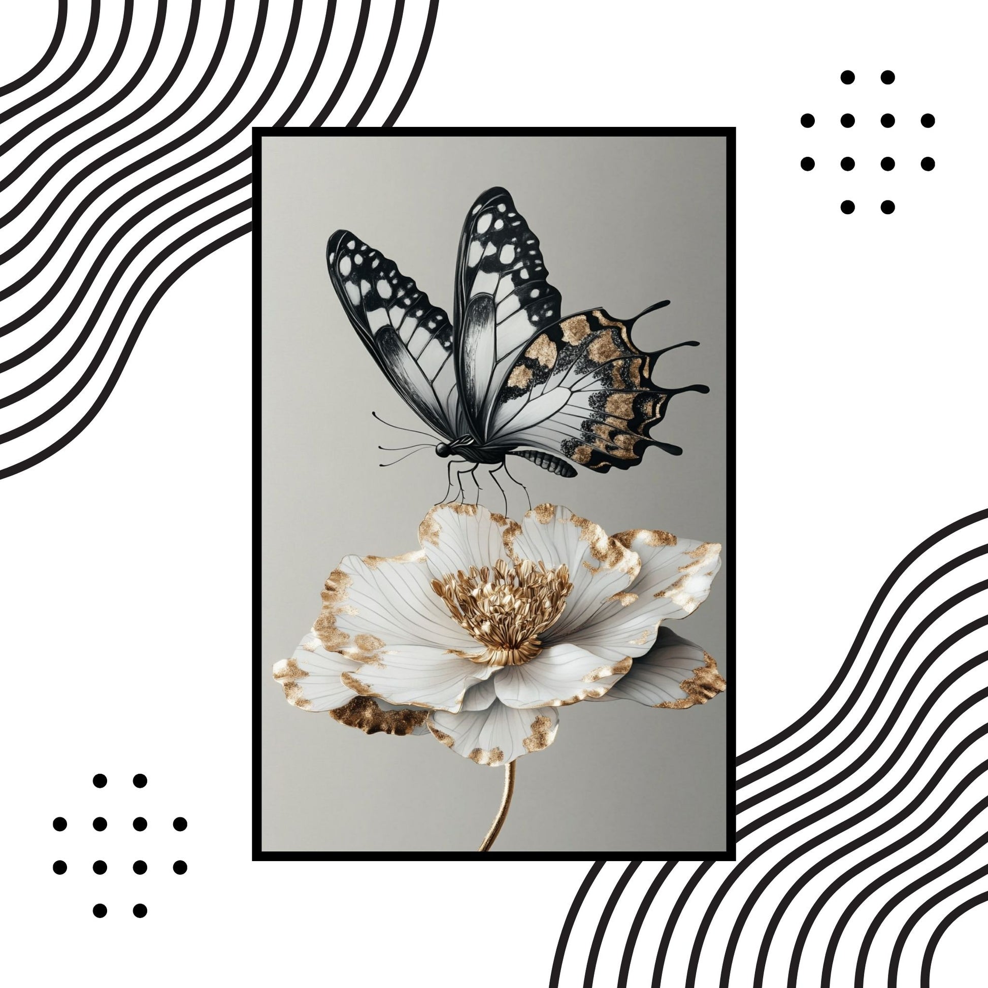 Black and white wall art with a golden butterfly and delicate flower, highlighting elegance