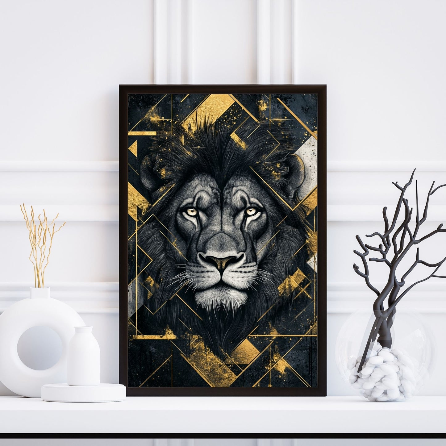 Powerful lion artwork in black and white with golden geometric accents surrounding the face