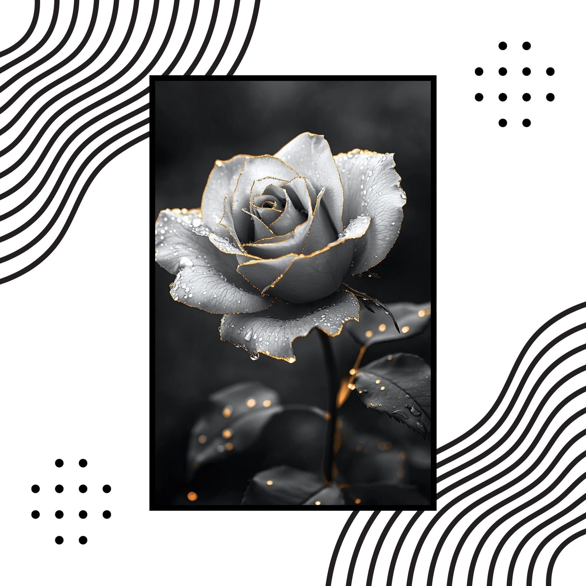 Elegant black-and-white rose art with gold highlights on the petals.