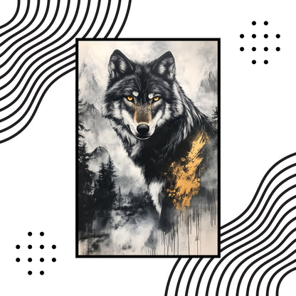 Powerful black-and-white wolf artwork with golden highlights on fur and background