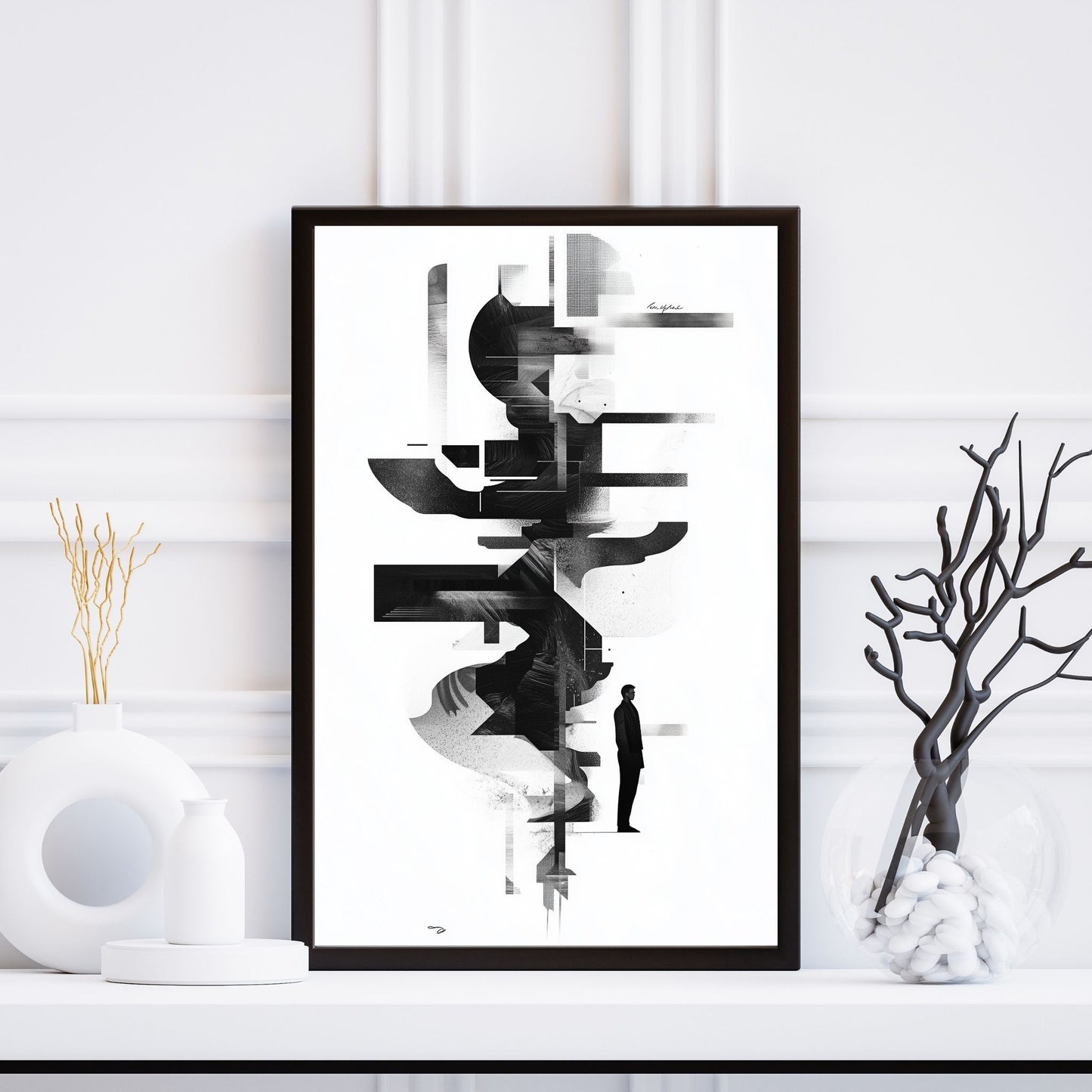 Abstract black and white art with geometric elements and a human figure