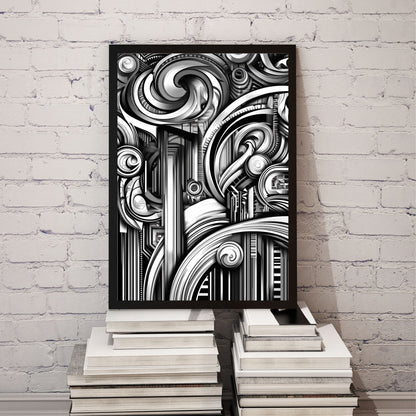 Monochrome abstract art print featuring geometric swirls