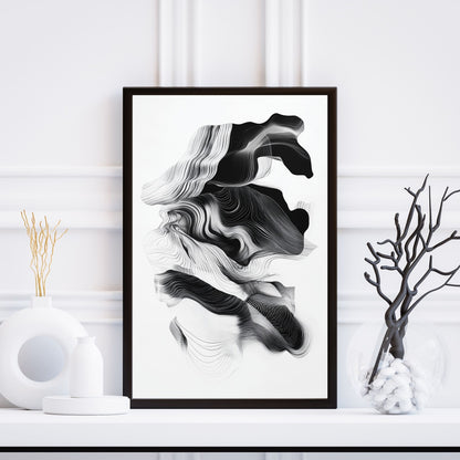 Black and white abstract wall art with flowing and dynamic lines