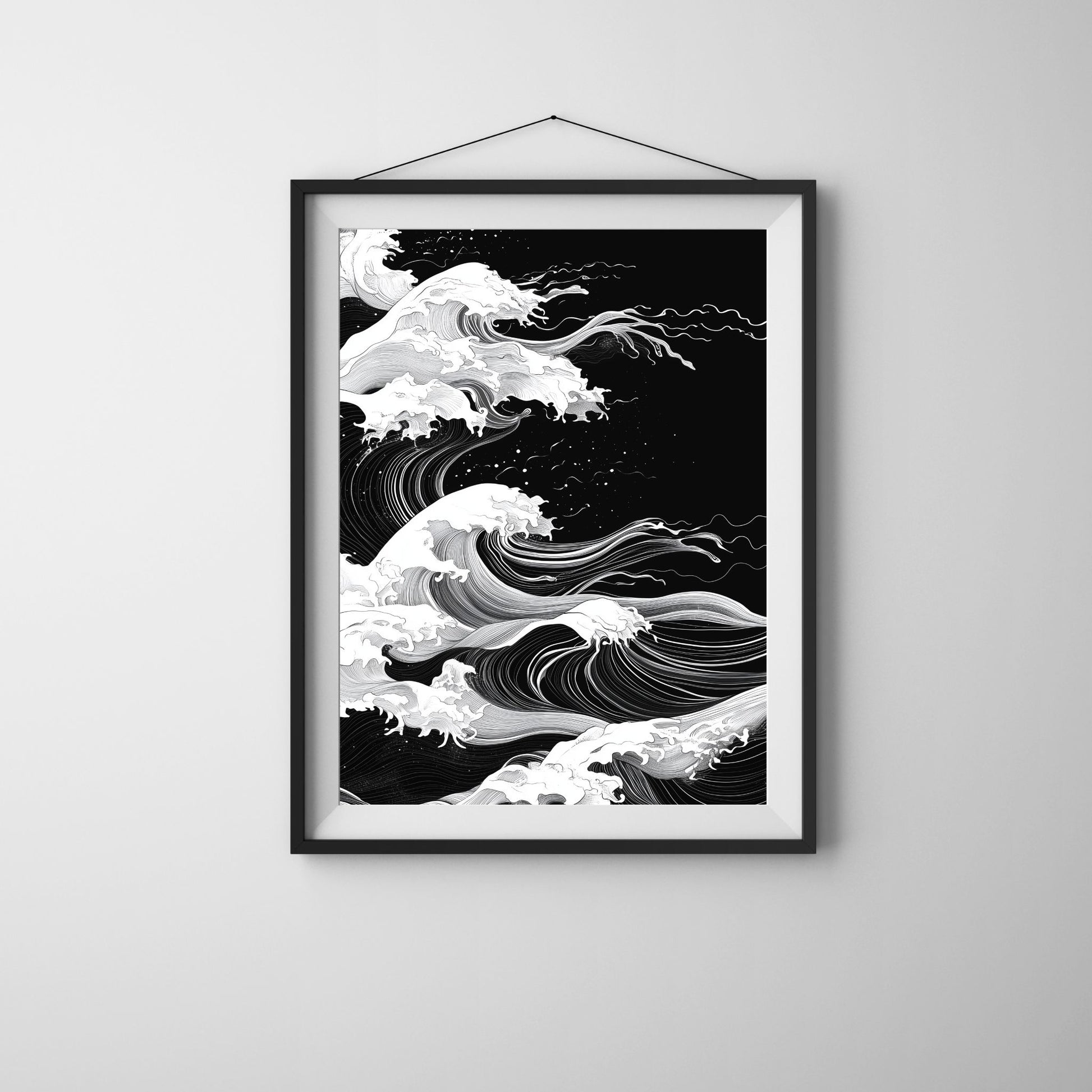 Black and white abstract wall art featuring intricate wave designs