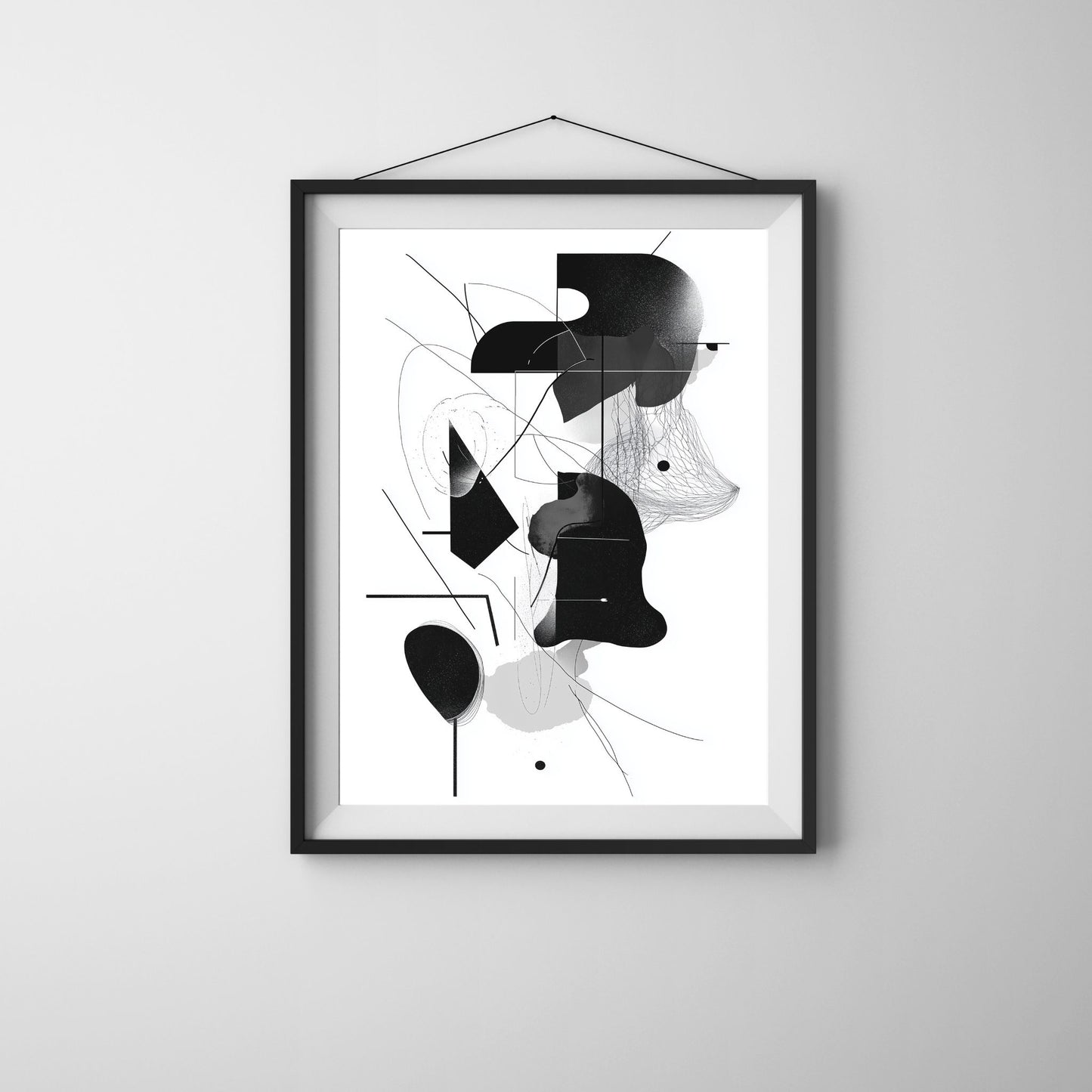 Geometric black and white wall art with abstract elements