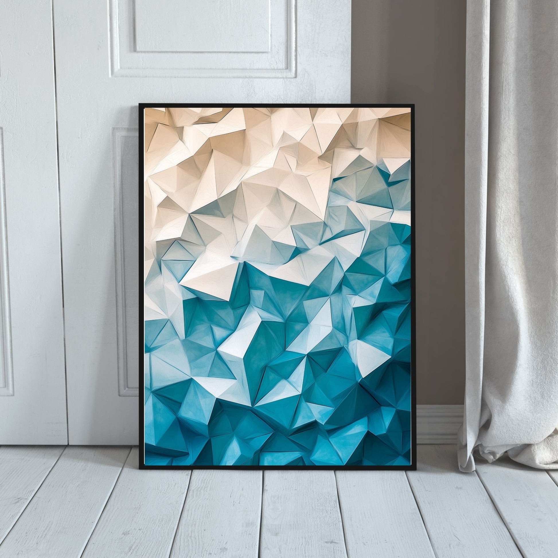 Minimalist geometric artwork with blue and white tones