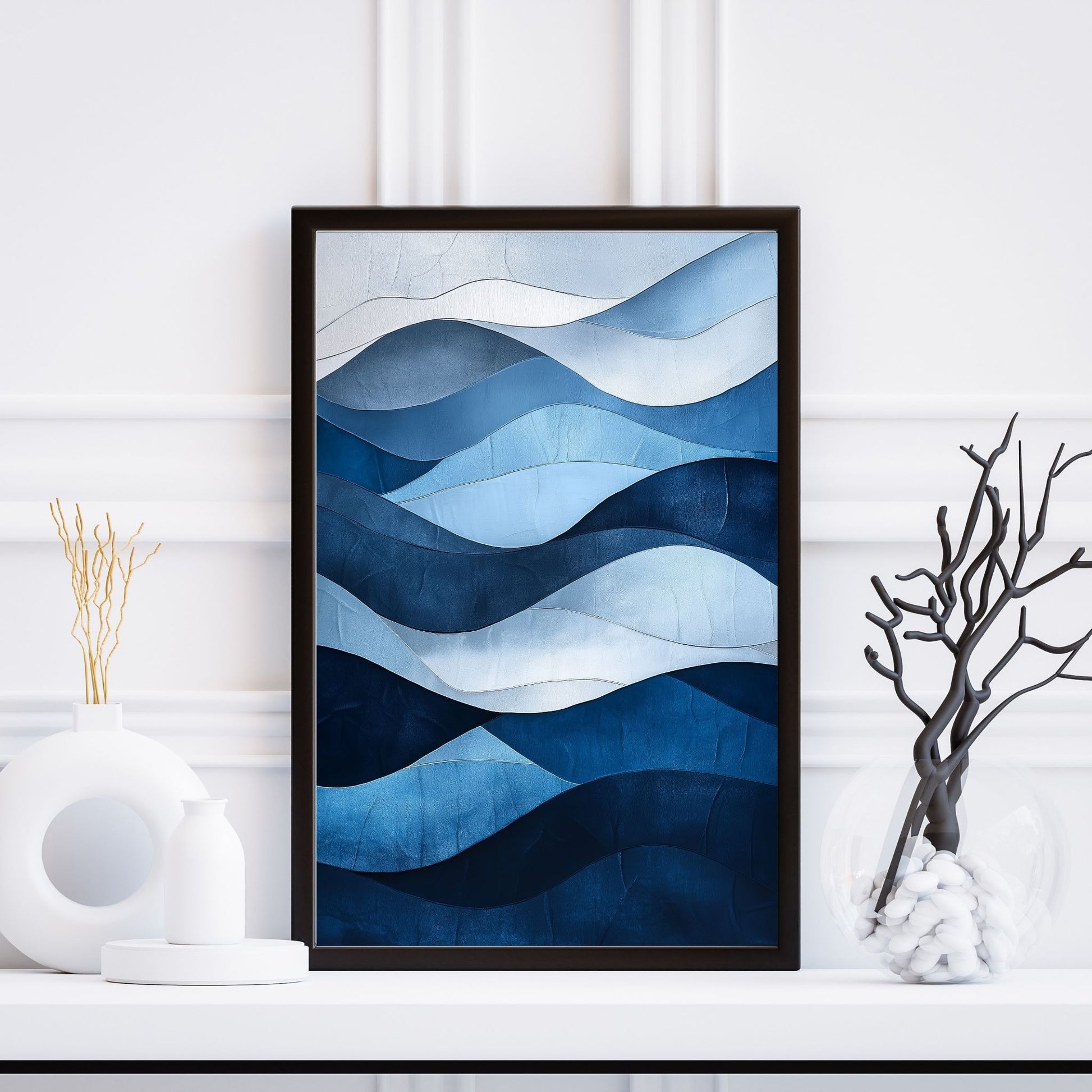 Abstract geometric wall art with layered blue waves