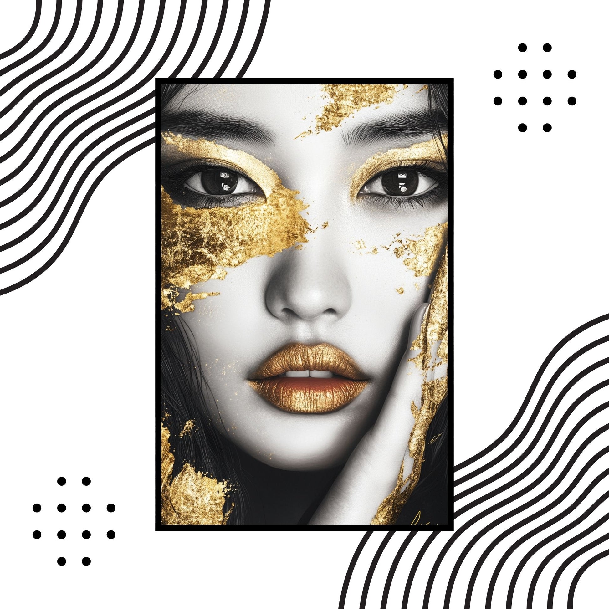 Golden abstract accents on black-and-white portrait art for stylish home decor