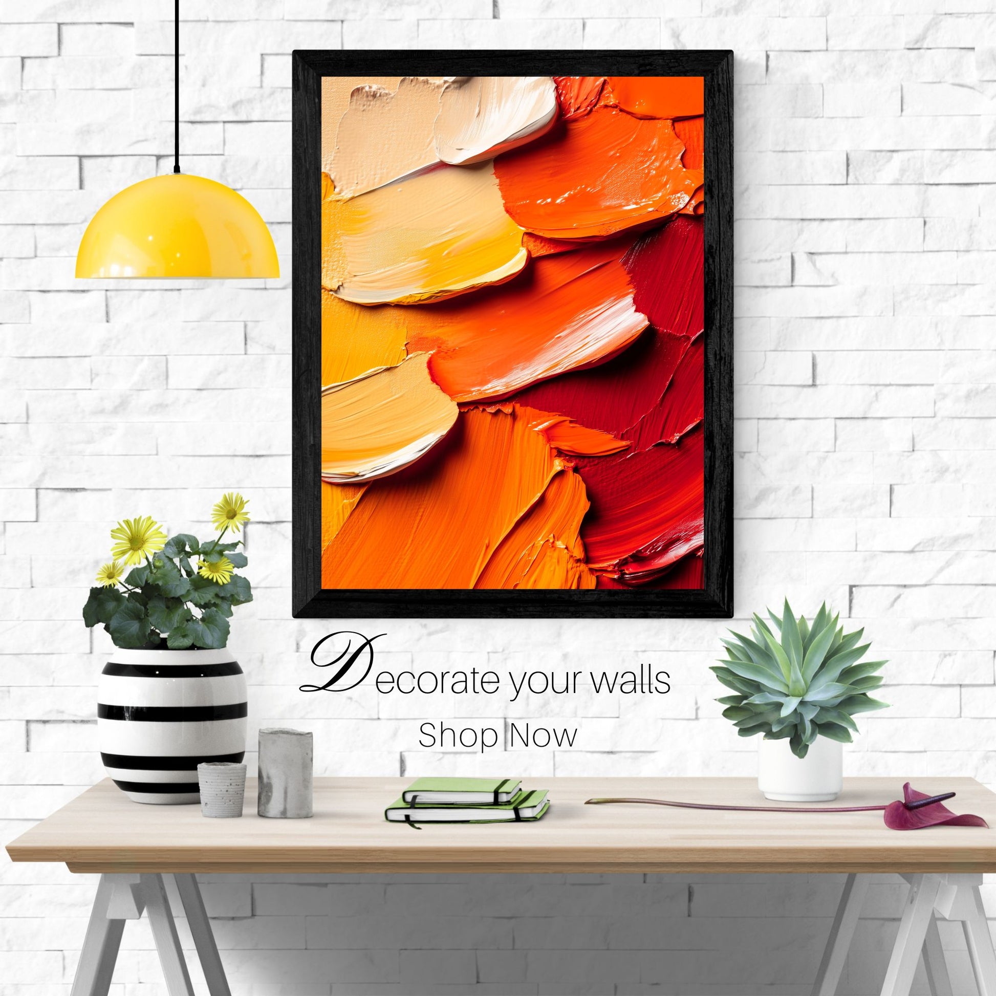 Vibrant abstract wall art with bold red, orange, and yellow brushstrokes