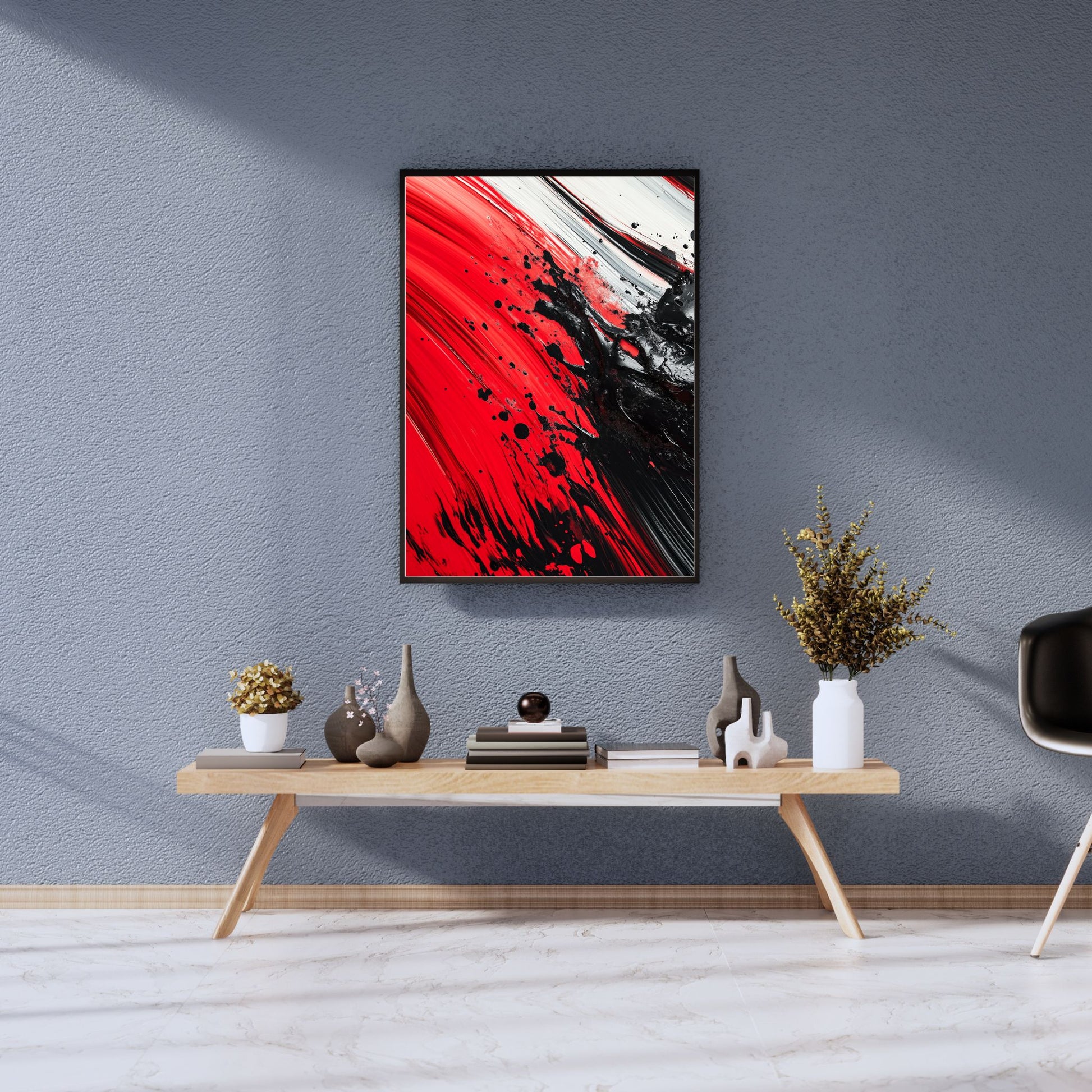 Printable abstract art with red, black, and white accents