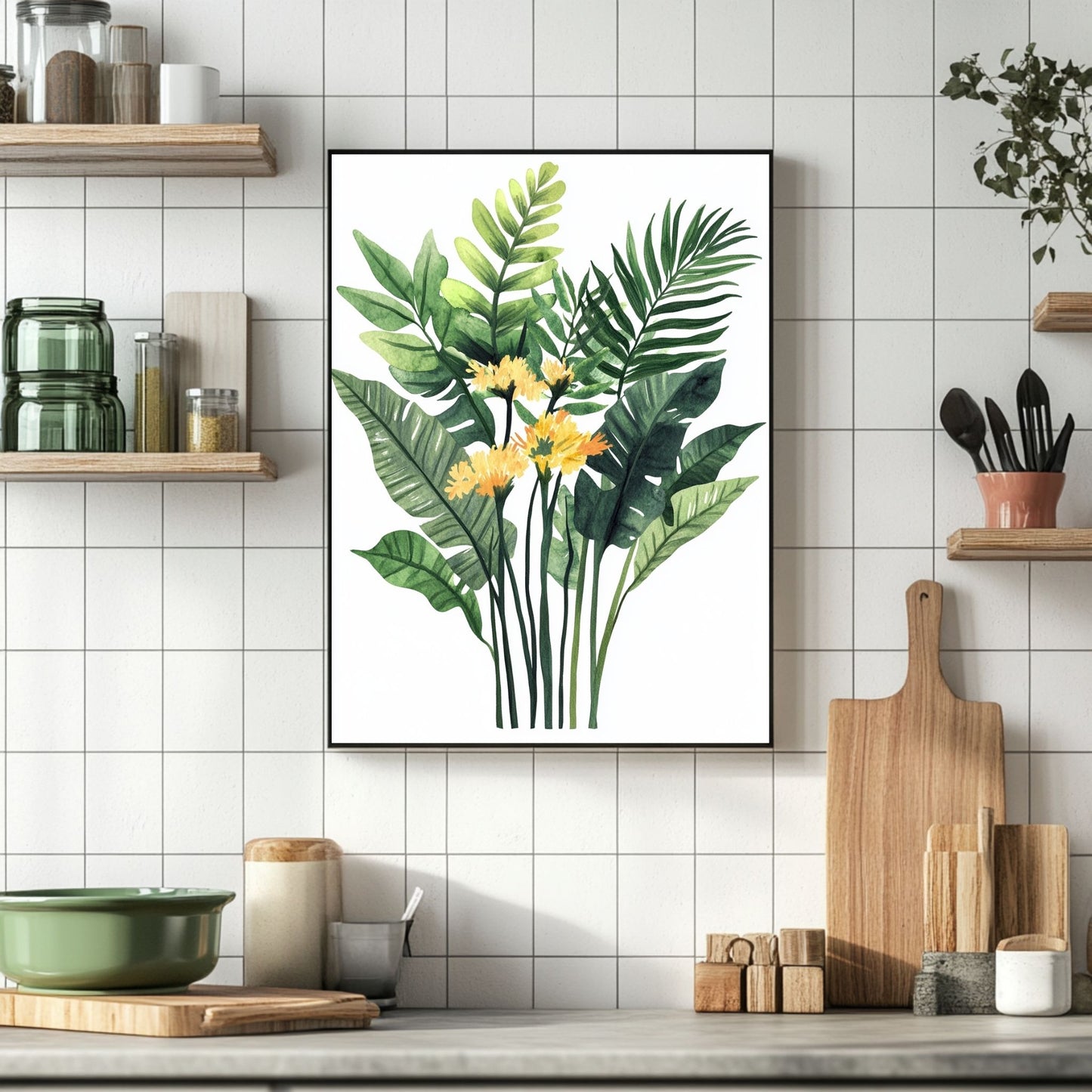 Lively mimosa digital print capturing the essence of spring with its radiant yellow flowers and rich green leaves