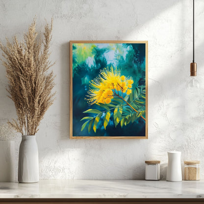 Mimosa art poster with beautiful yellow blooms and dark green leaves, bringing nature’s brightness to any room