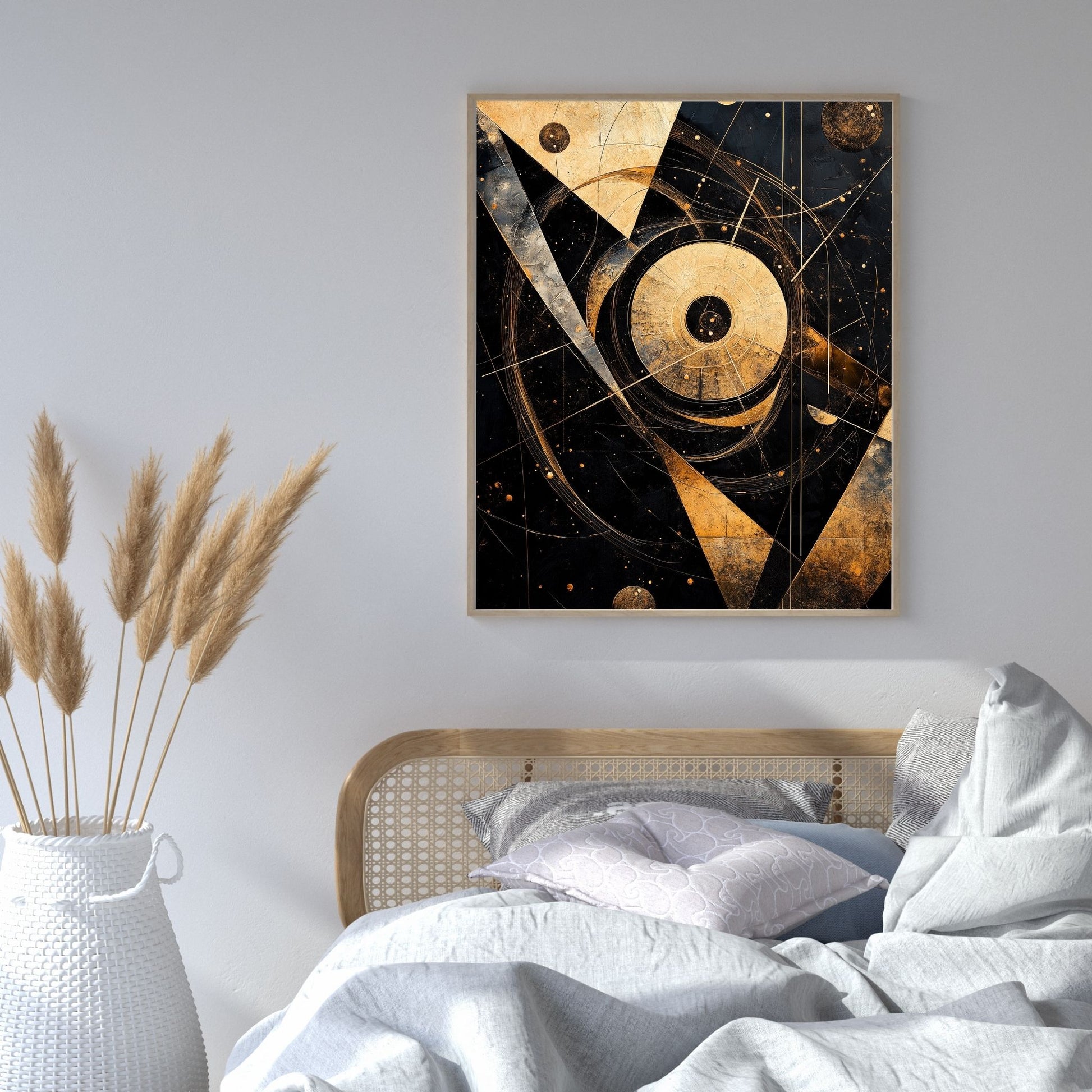 Abstract cosmic wall art with gold and black geometry