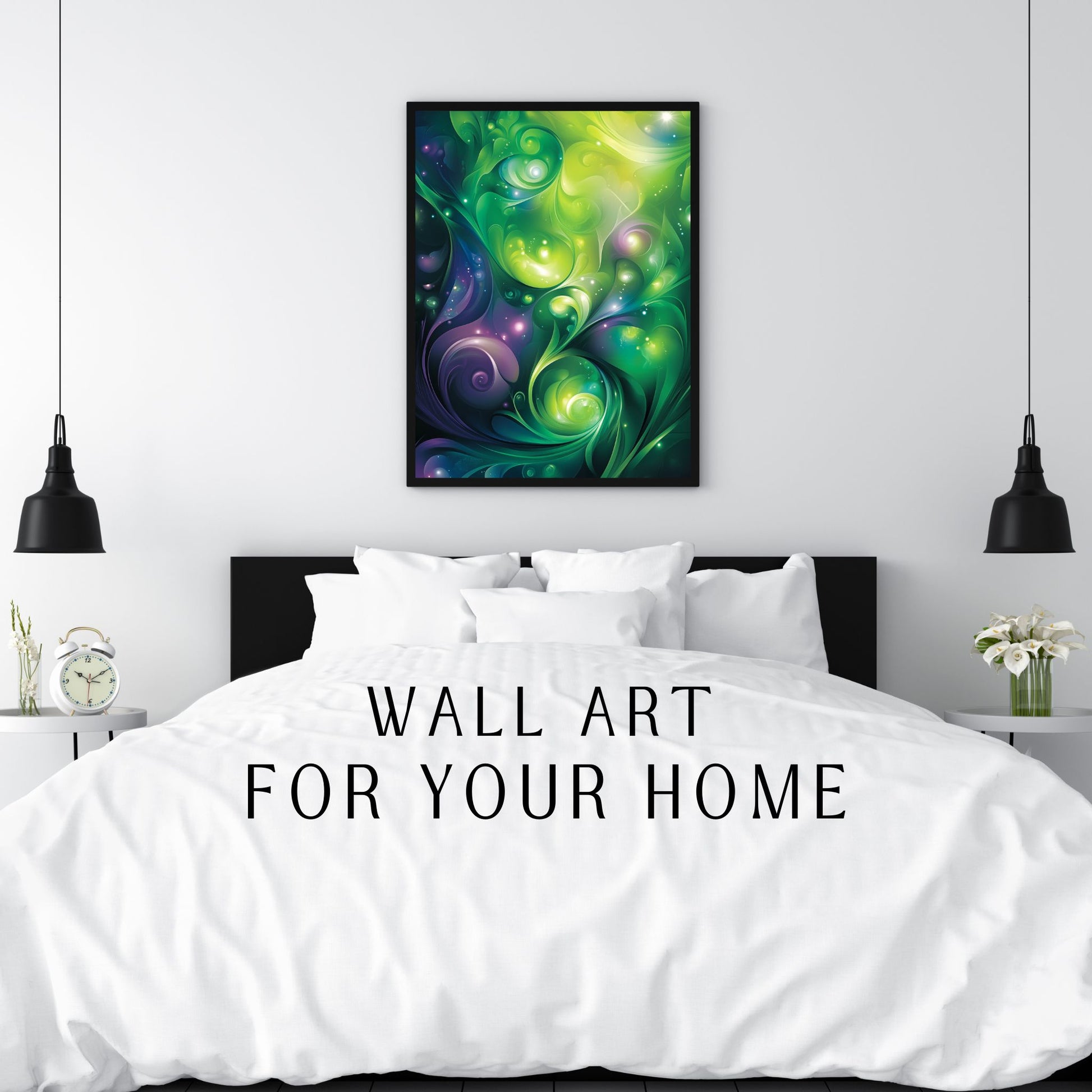 Vibrant colorful art featuring green and purple swirls