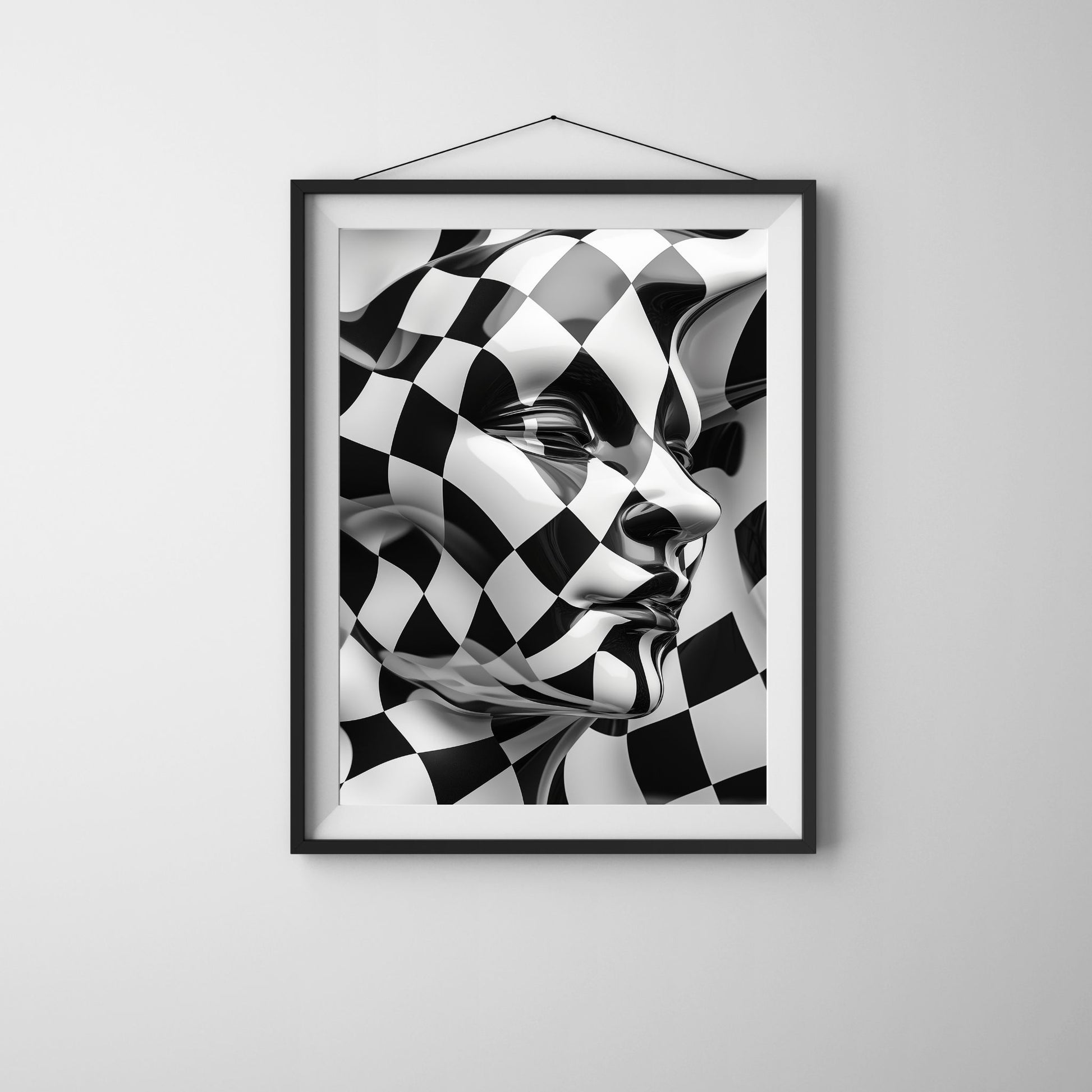 Black and white abstract wall art with checkered patterns and reflections