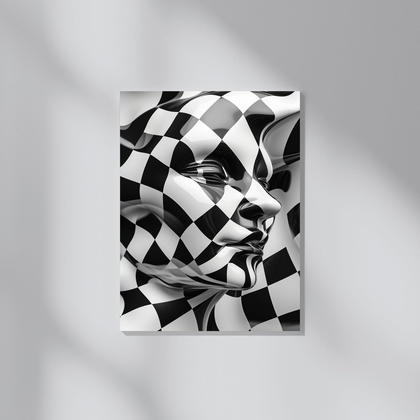 Digital black and white abstract print with bold checkered elements