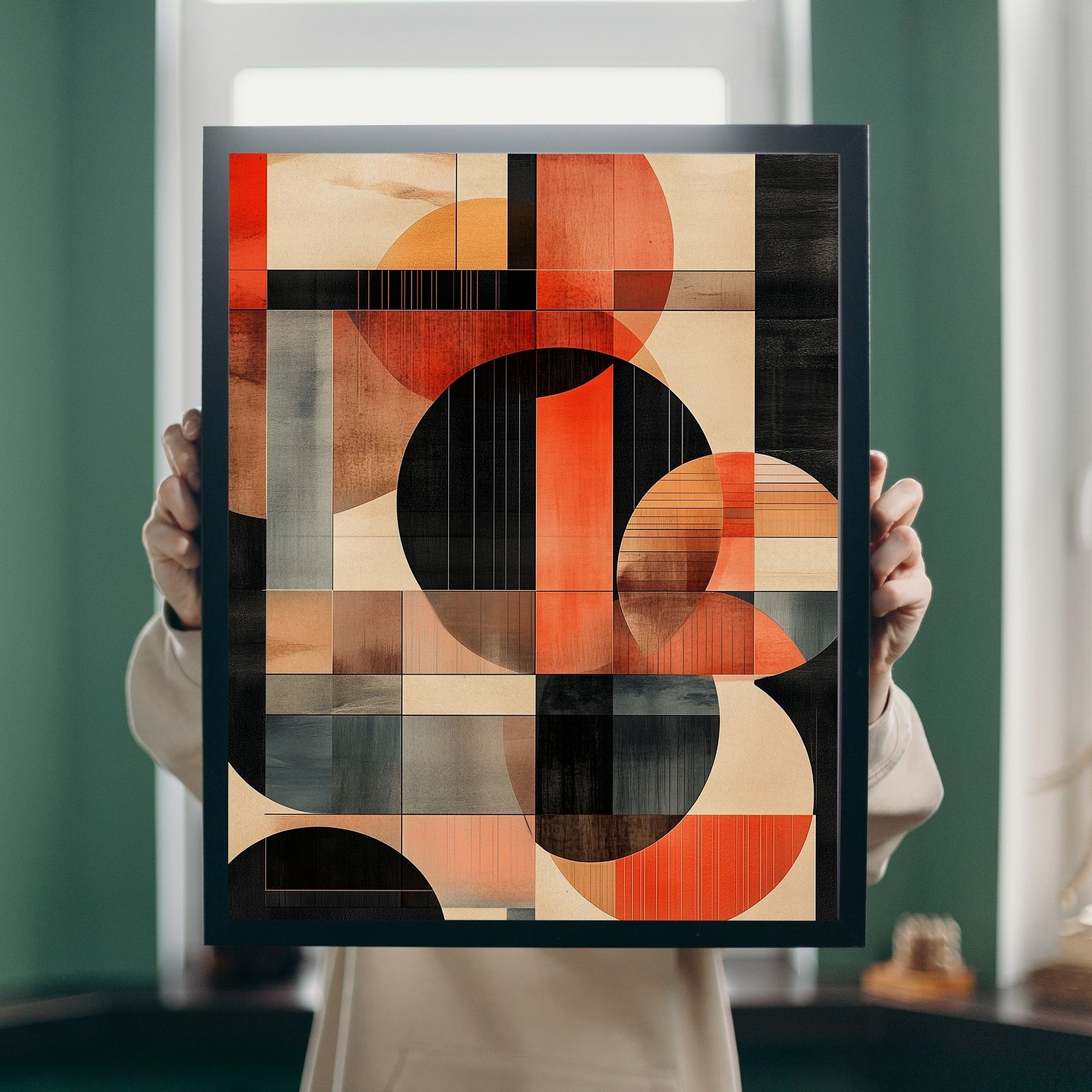 Abstract geometric artwork featuring lines and earth colors