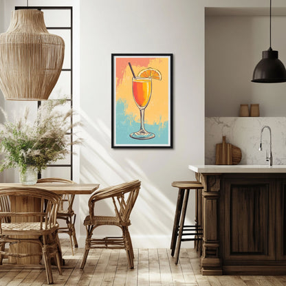 Refreshing mimosa cocktail digital print on a soft pastel background, perfect for brightening your kitchen or living room with a splash of color.