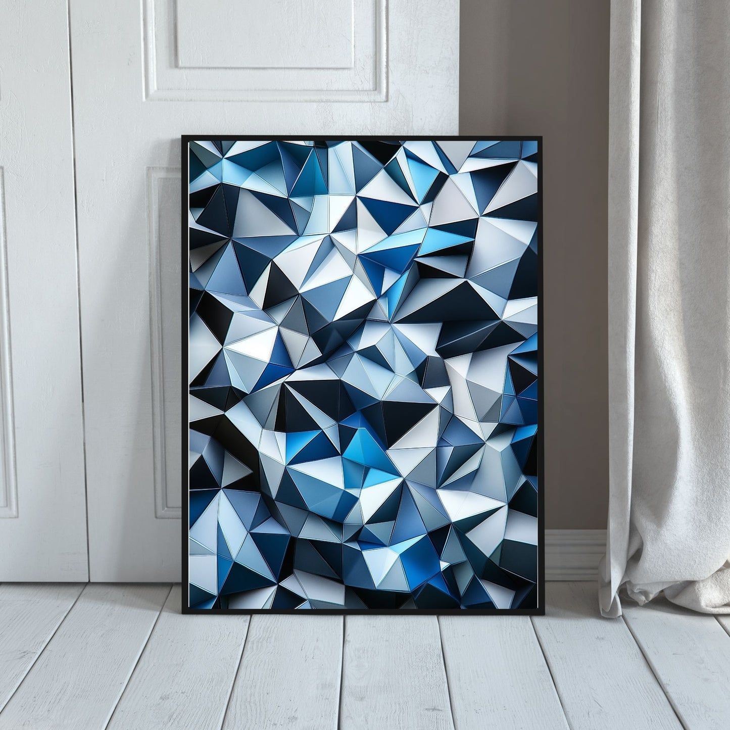 Modern geometric artwork featuring reflective blue patterns