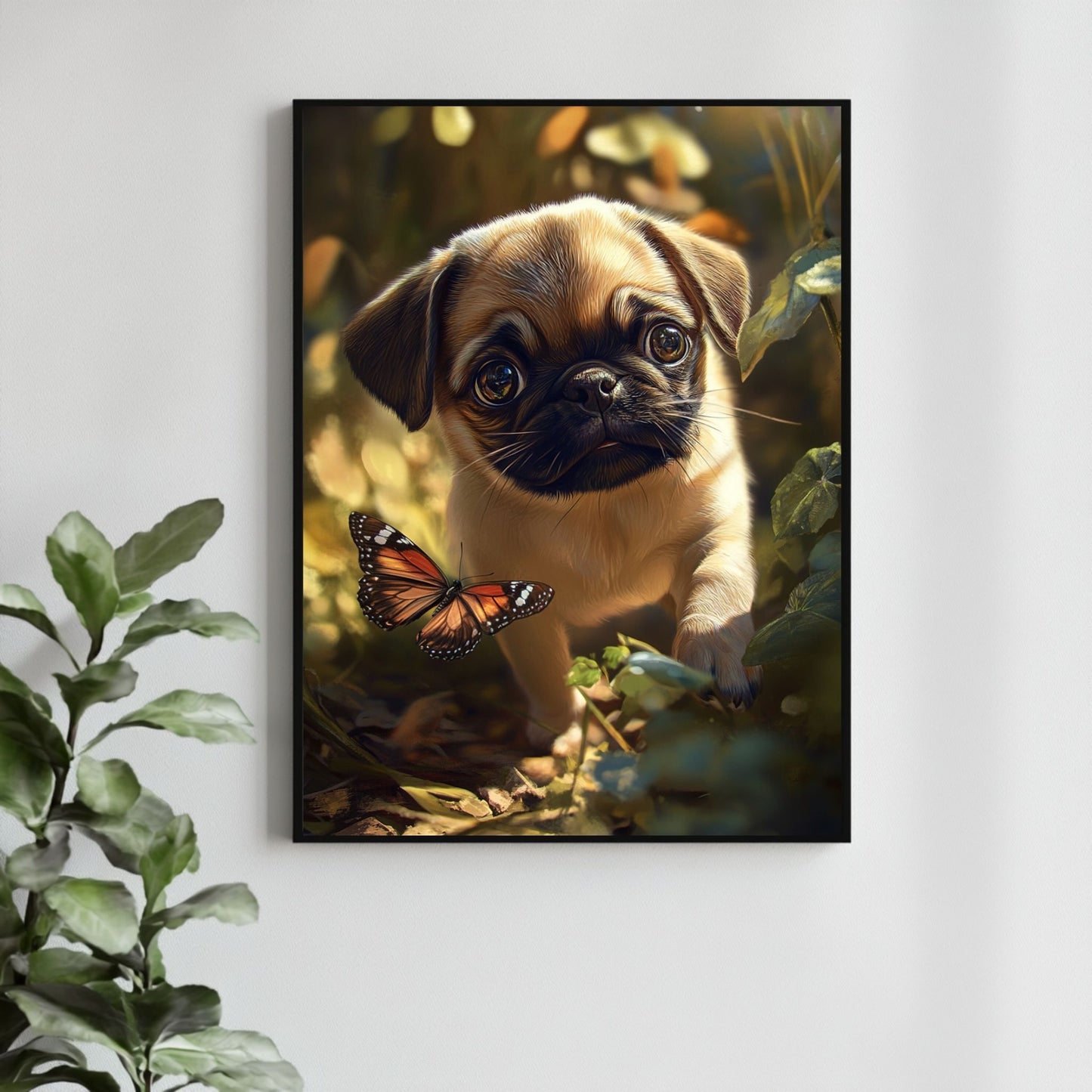 Pug art print with nature background