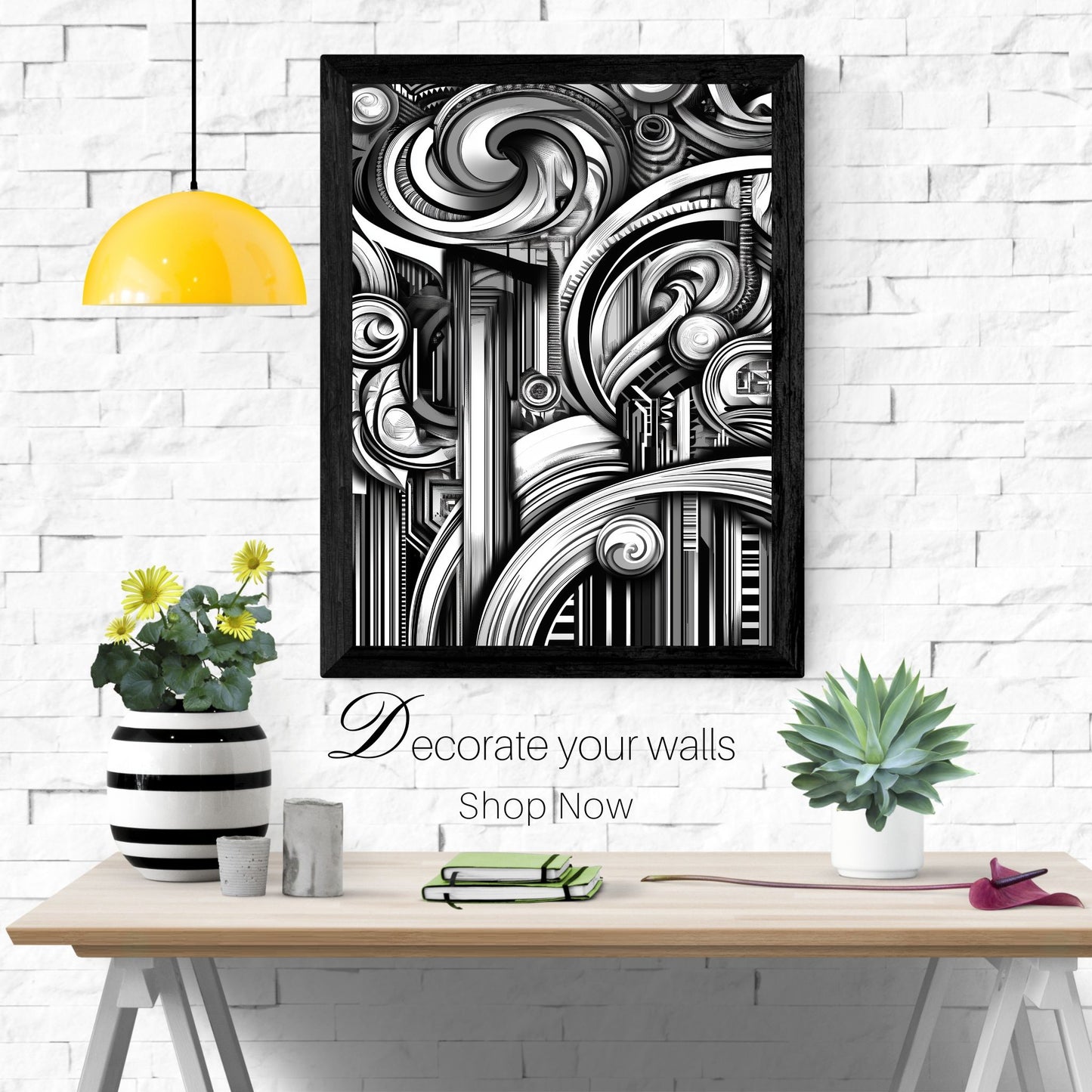 Digital black and white abstract wall art with bold lines