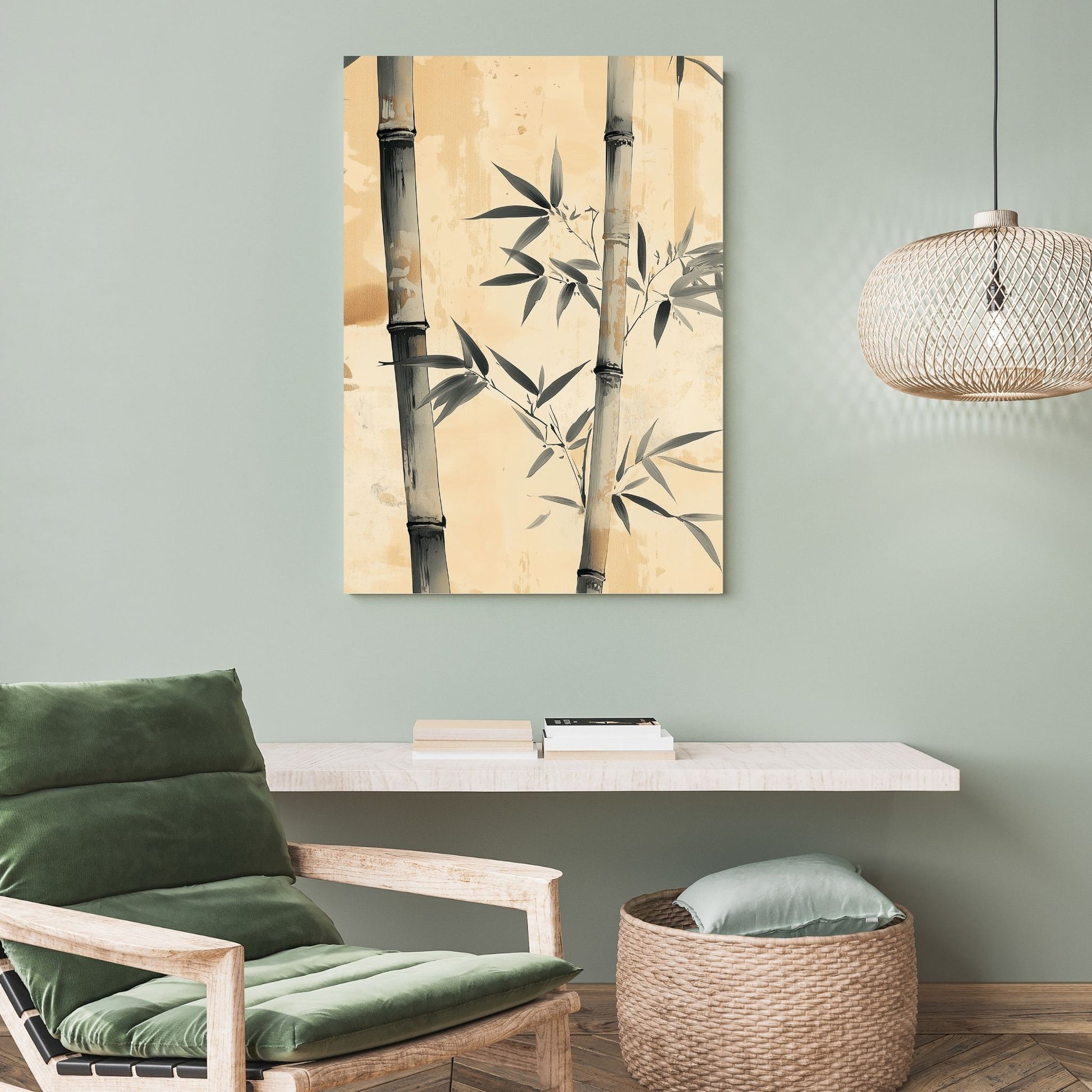 Neutral-toned bamboo wall art in Japandi minimalist style