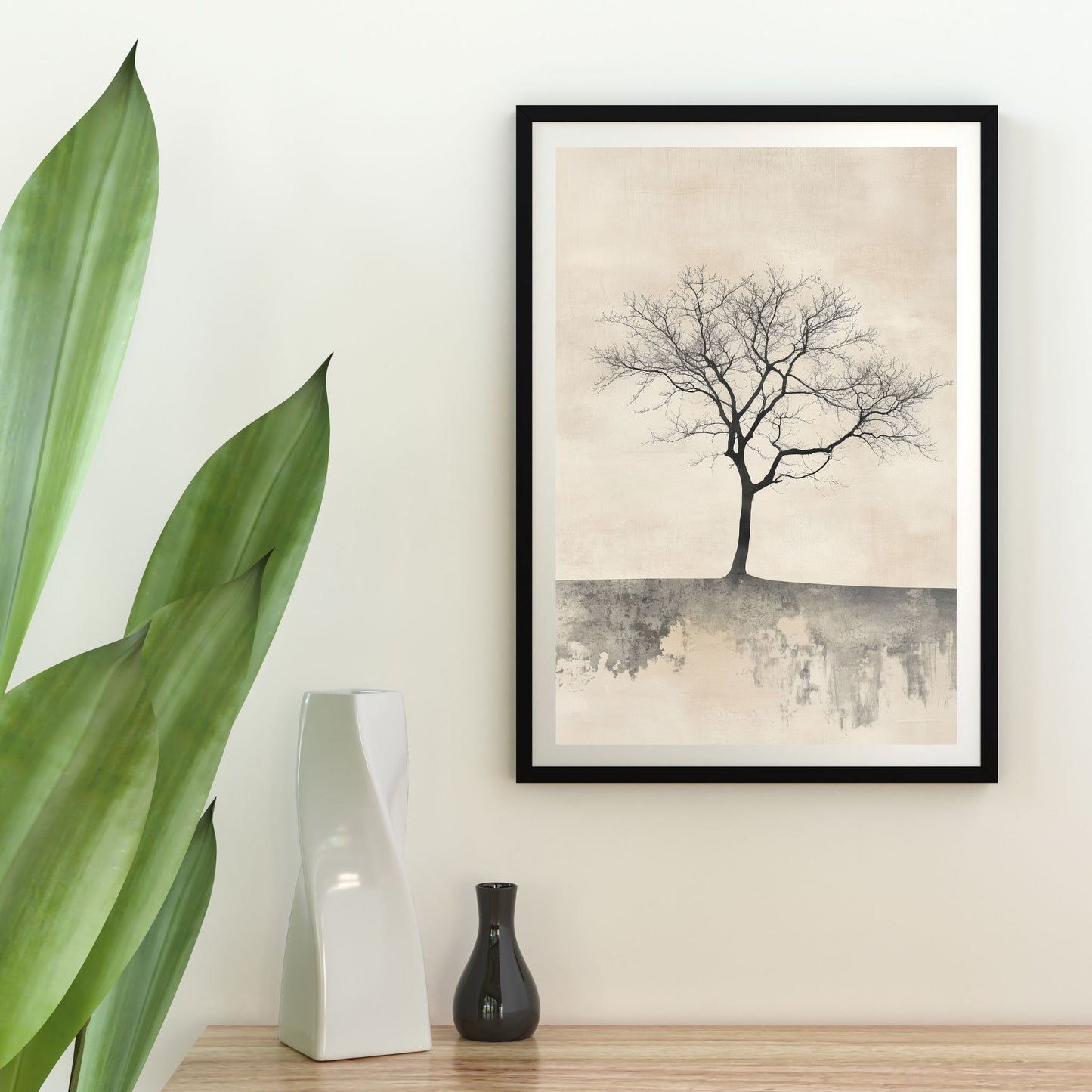 Neutral-toned minimalist tree wall art in Japandi design