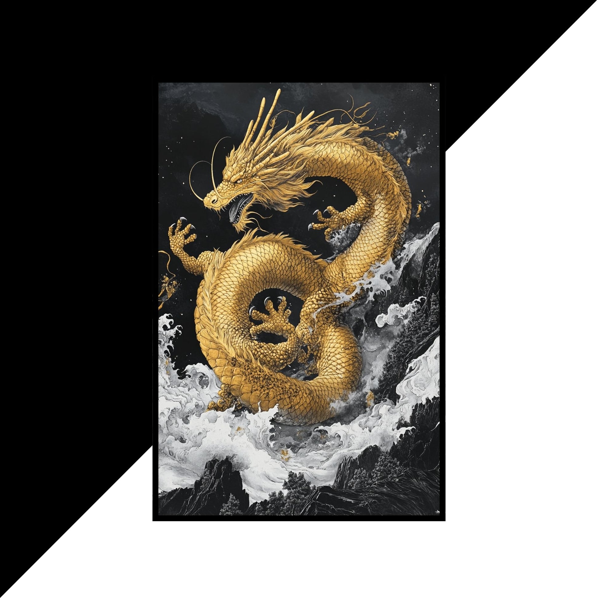 Dynamic black white gold art of a dragon amidst stormy waves with golden details