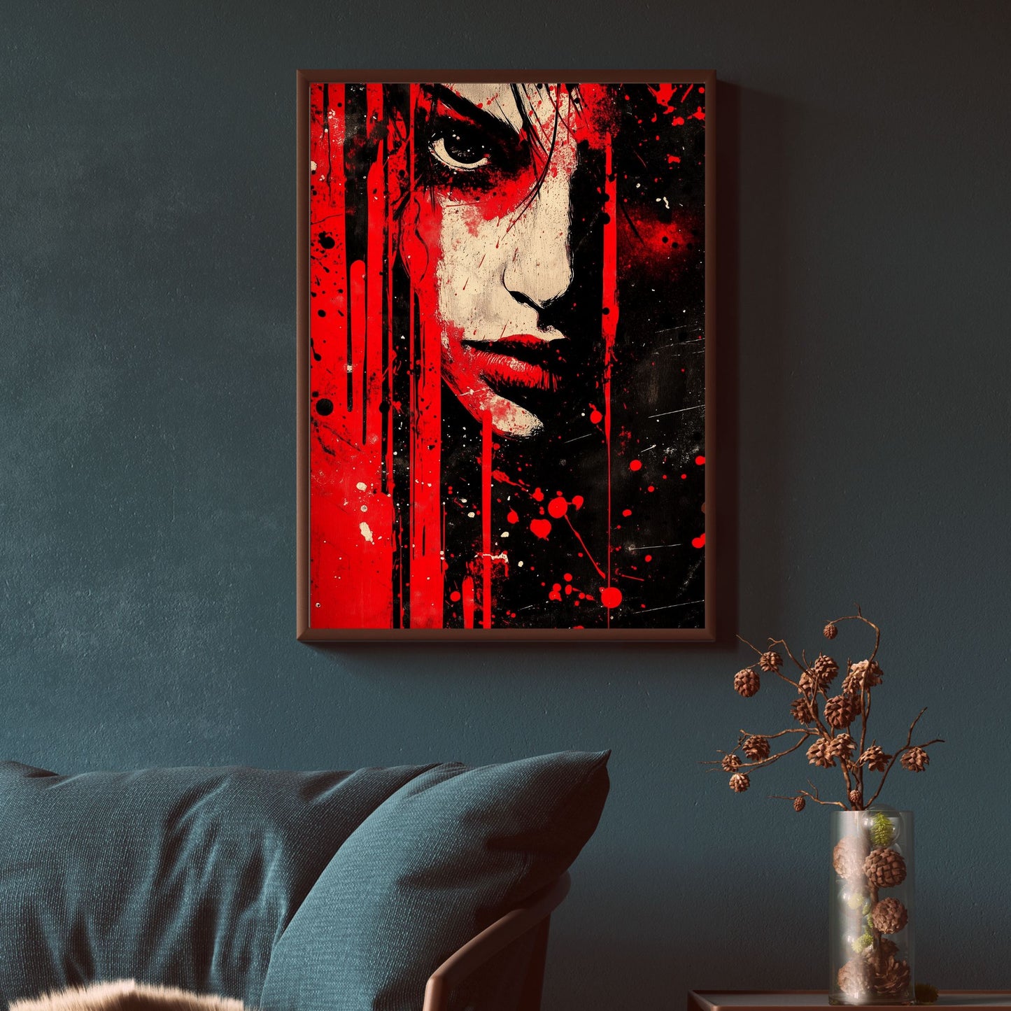 Bold and expressive red and black abstract face art