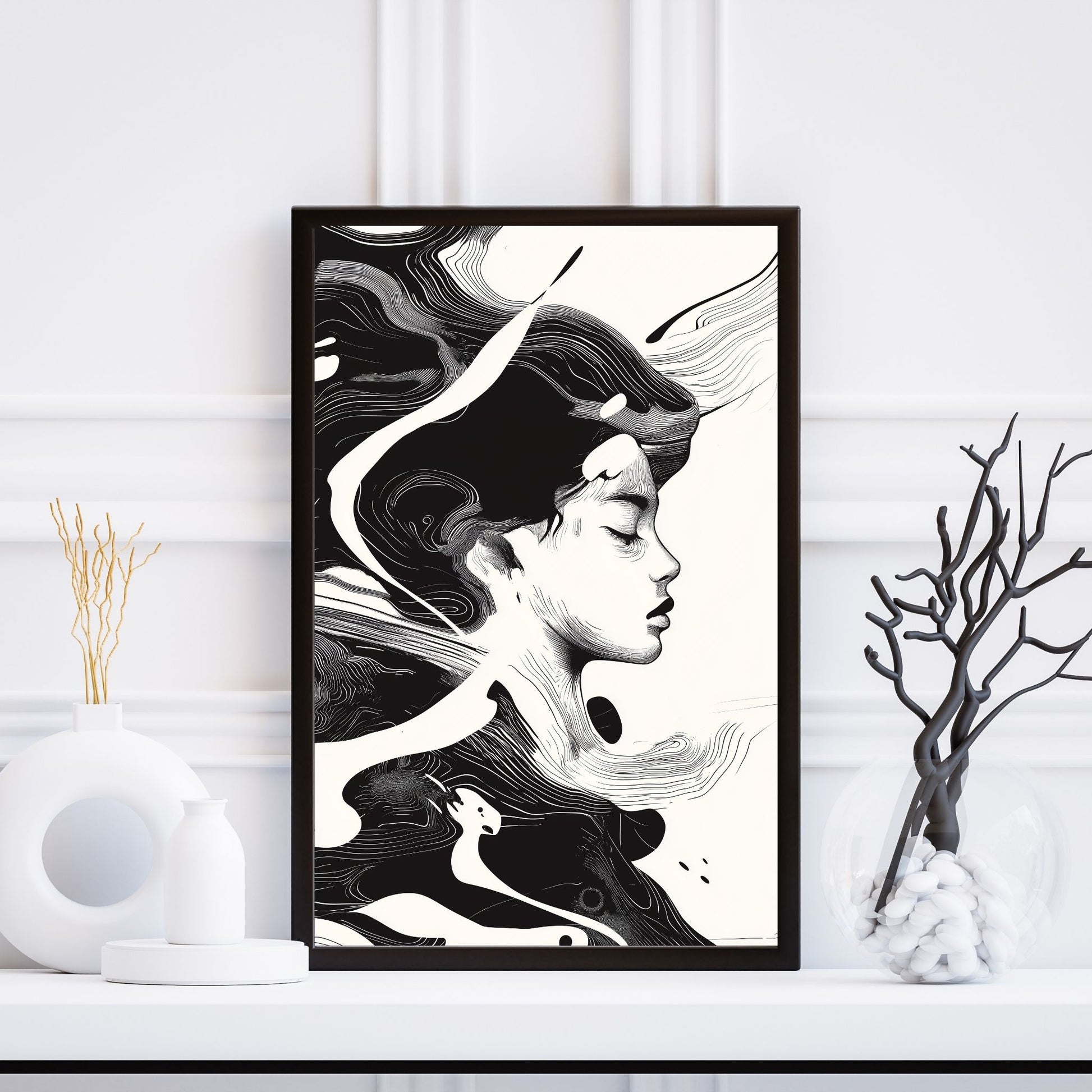 Ethereal black and white abstract wall art with flowing design elements