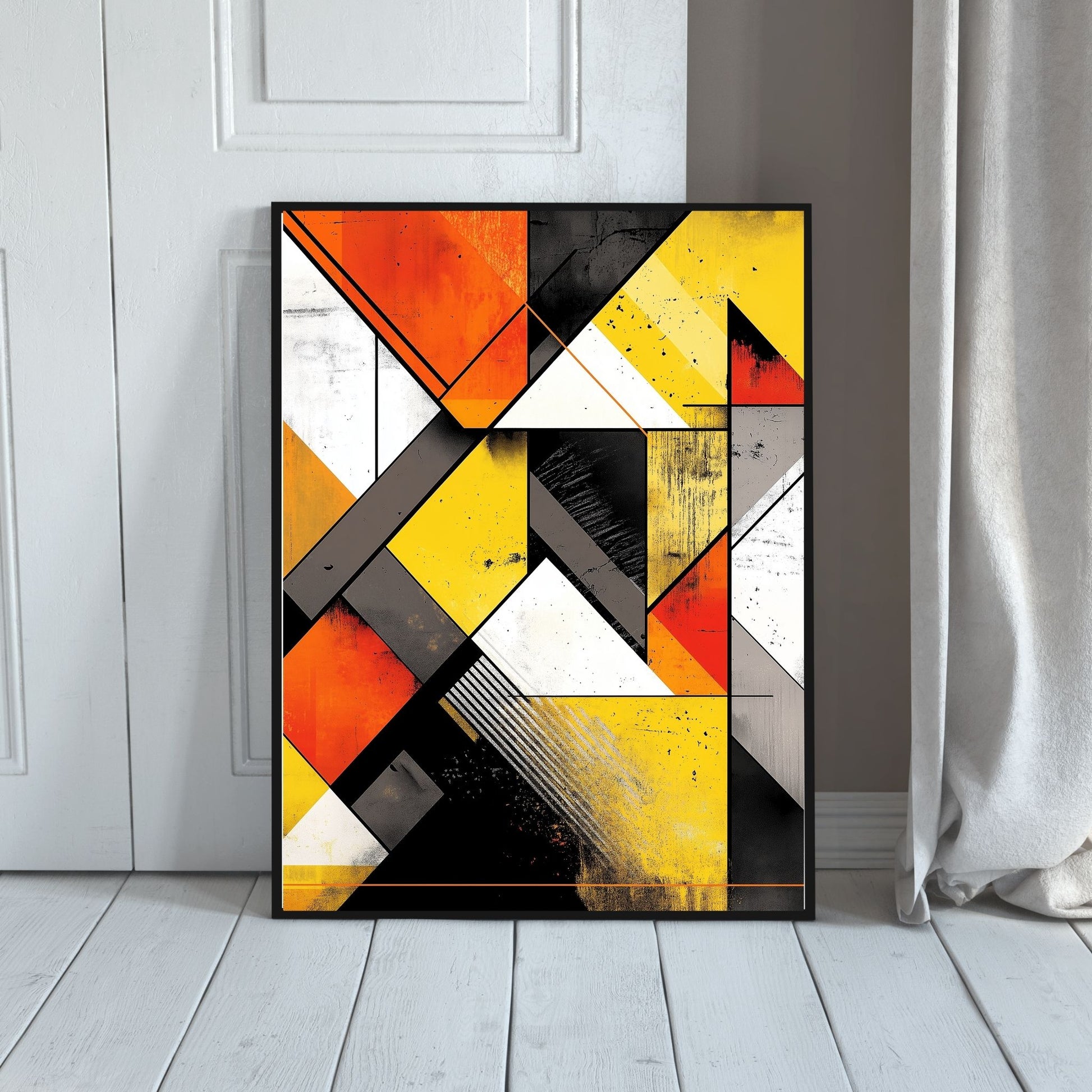 Dynamic geometric pattern in yellow, orange, black, and white tones