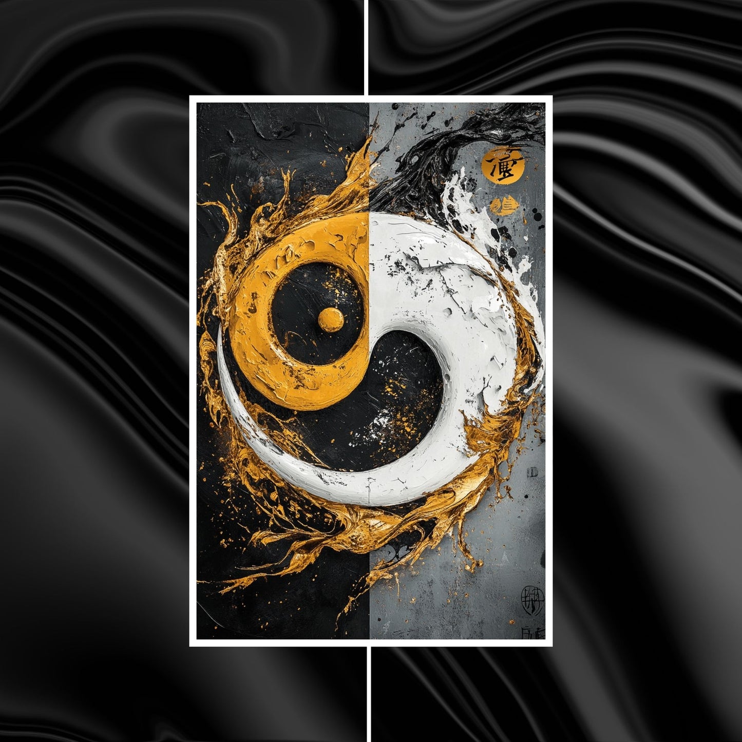 Yin and yang art in black and white with gold details symbolizing balance